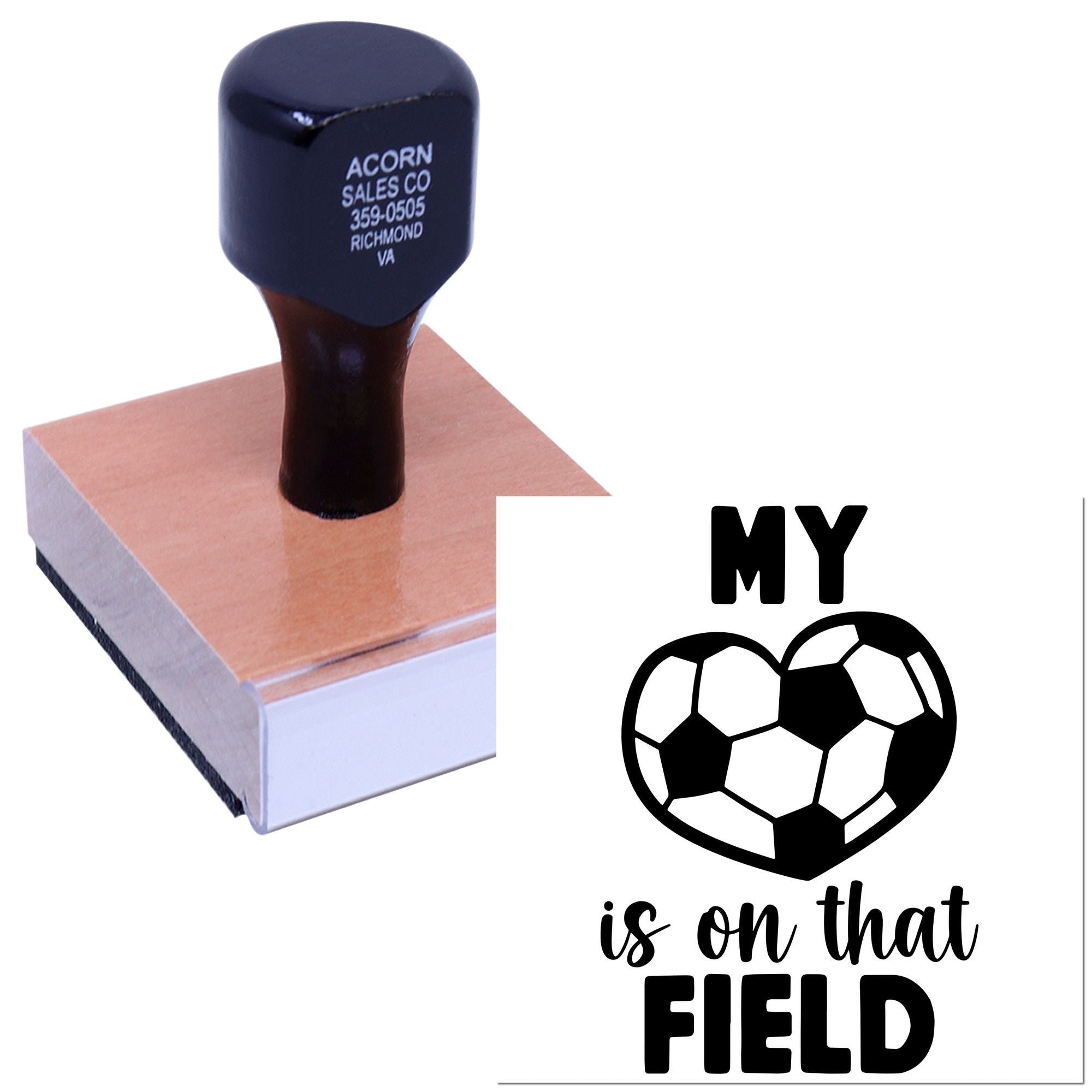 Personalized soccer rubber stamp with My heart is on that field design for team crafts, cards, and fan gifts.