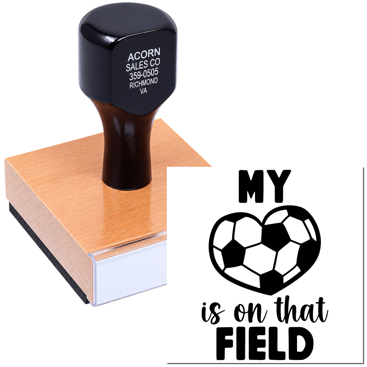 Personalized soccer rubber stamp with My heart is on that field design for team crafts, cards, and fan gifts.