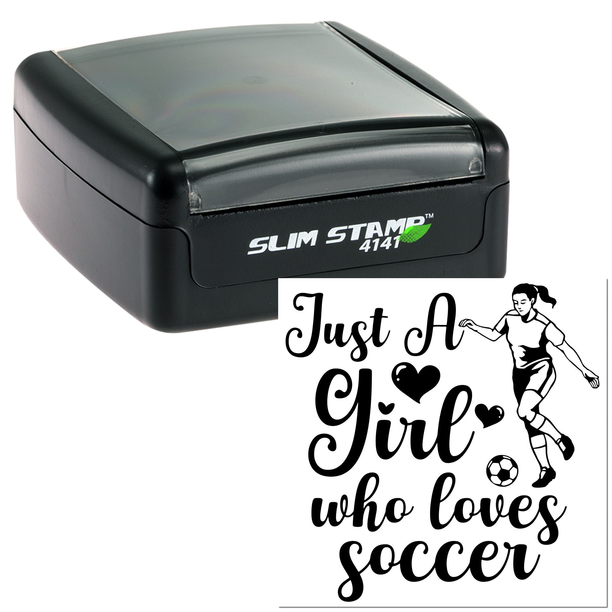 Custom self-inking rubber stamp with Just A Girl Who Loves Soccer design, featuring a soccer player and ball.