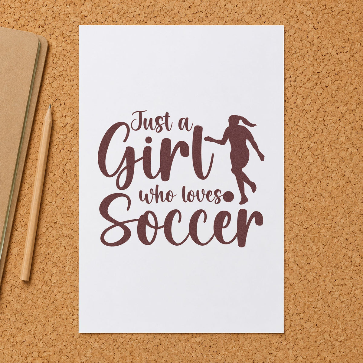 Girl Who Loves Soccer Silhouette rubber stamp printed in brown ink, ready for recruiting letter seals and similar paper crafts.