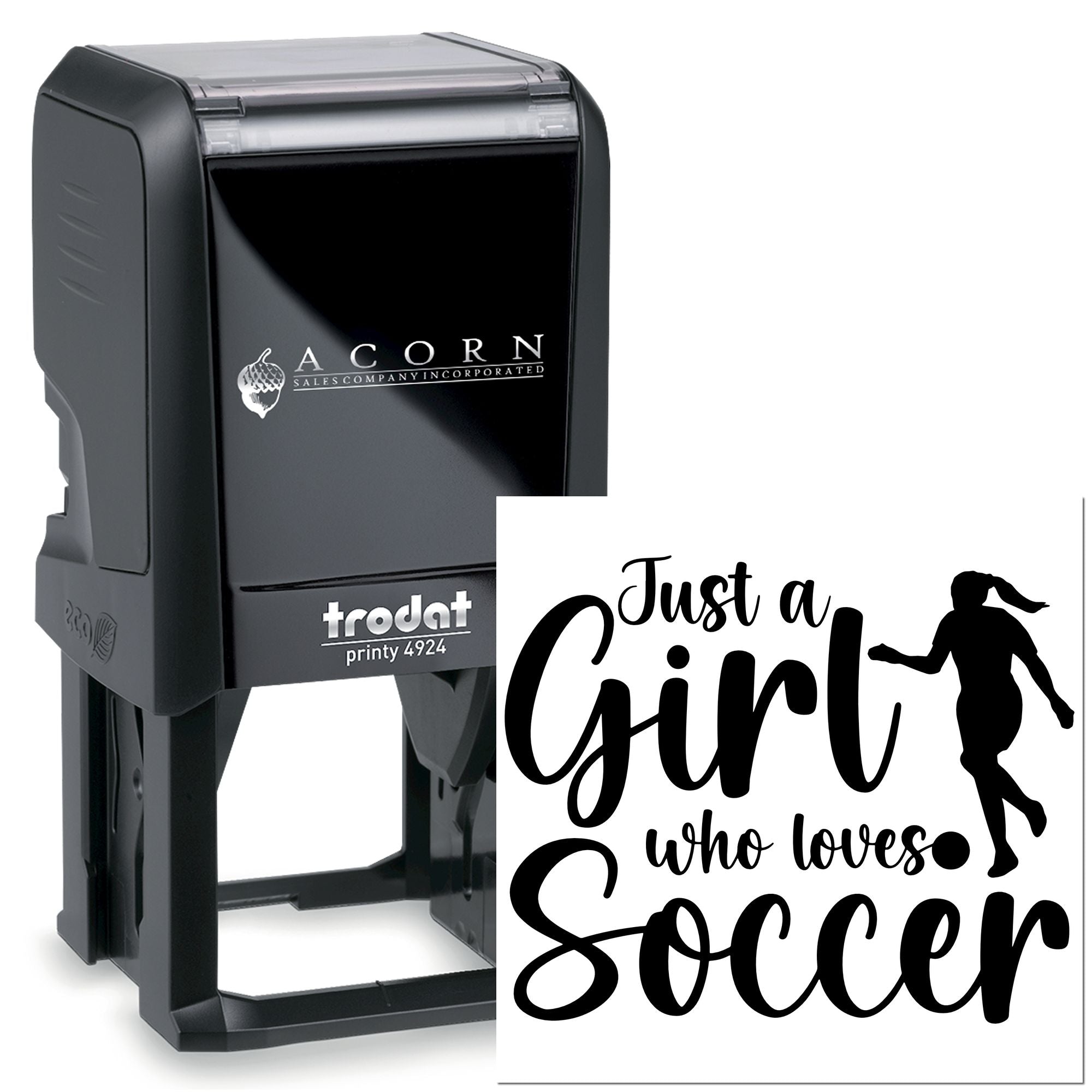 Personalized self-inking soccer rubber stamp for girls, featuring Just a Girl who loves Soccer design.