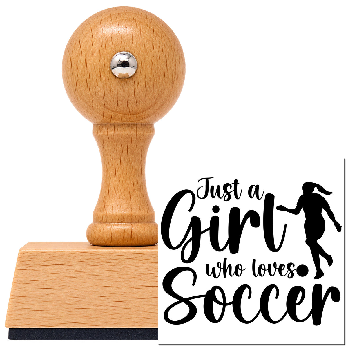 Girl Who Loves Soccer Silhouette Lettering Vintage Pro rubber stamp in European beech wood with a round knob handle, shown beside its black imprint.