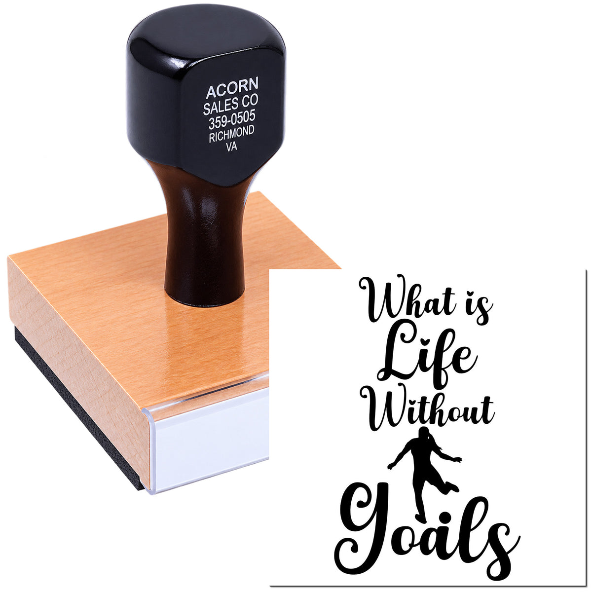 Custom rubber stamp on wooden handle with What is Life Without Goals design for motivational crafts and branding.