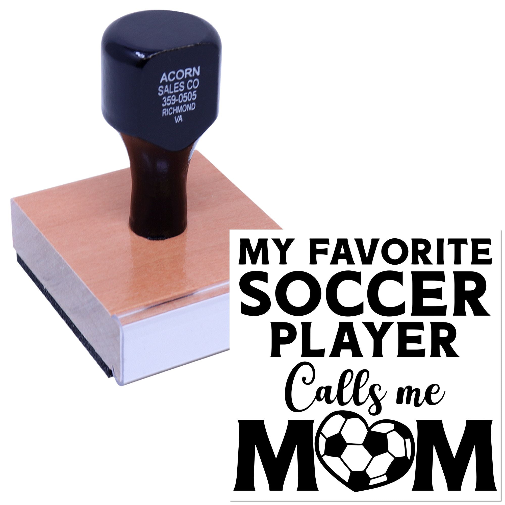 Custom rubber stamp for soccer moms with My Favorite Soccer Player Calls Me Mom personalized design.