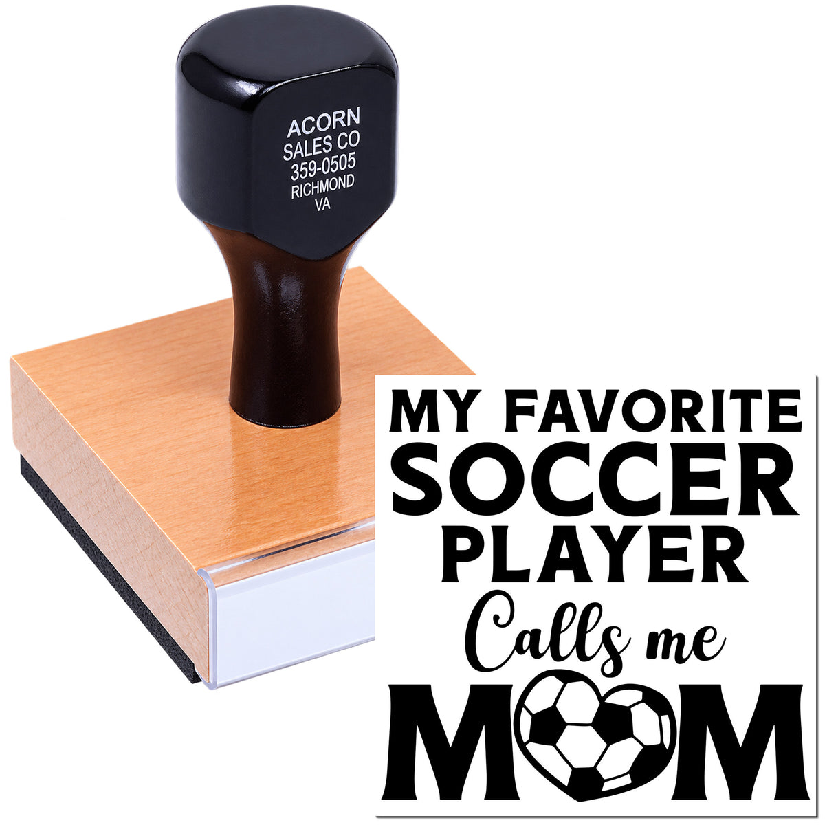 Custom rubber stamp for soccer moms with My Favorite Soccer Player Calls Me Mom personalized design.
