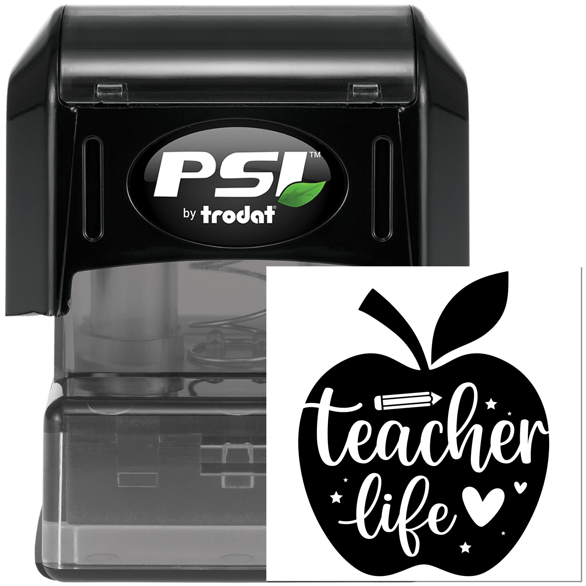 Teacher life self-inking rubber stamp by PSI Trodat with apple design for classroom use, rewards, and teacher stationery.