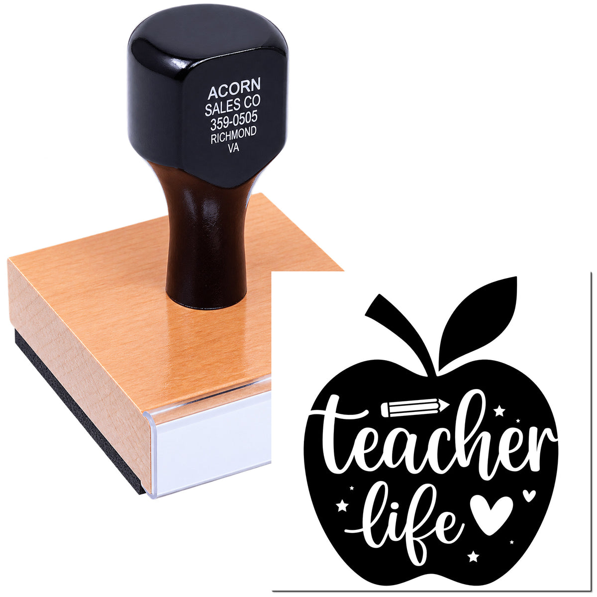 Teacher life custom rubber stamp on wooden block for classroom papers, crafts, and personalized teacher stationery.