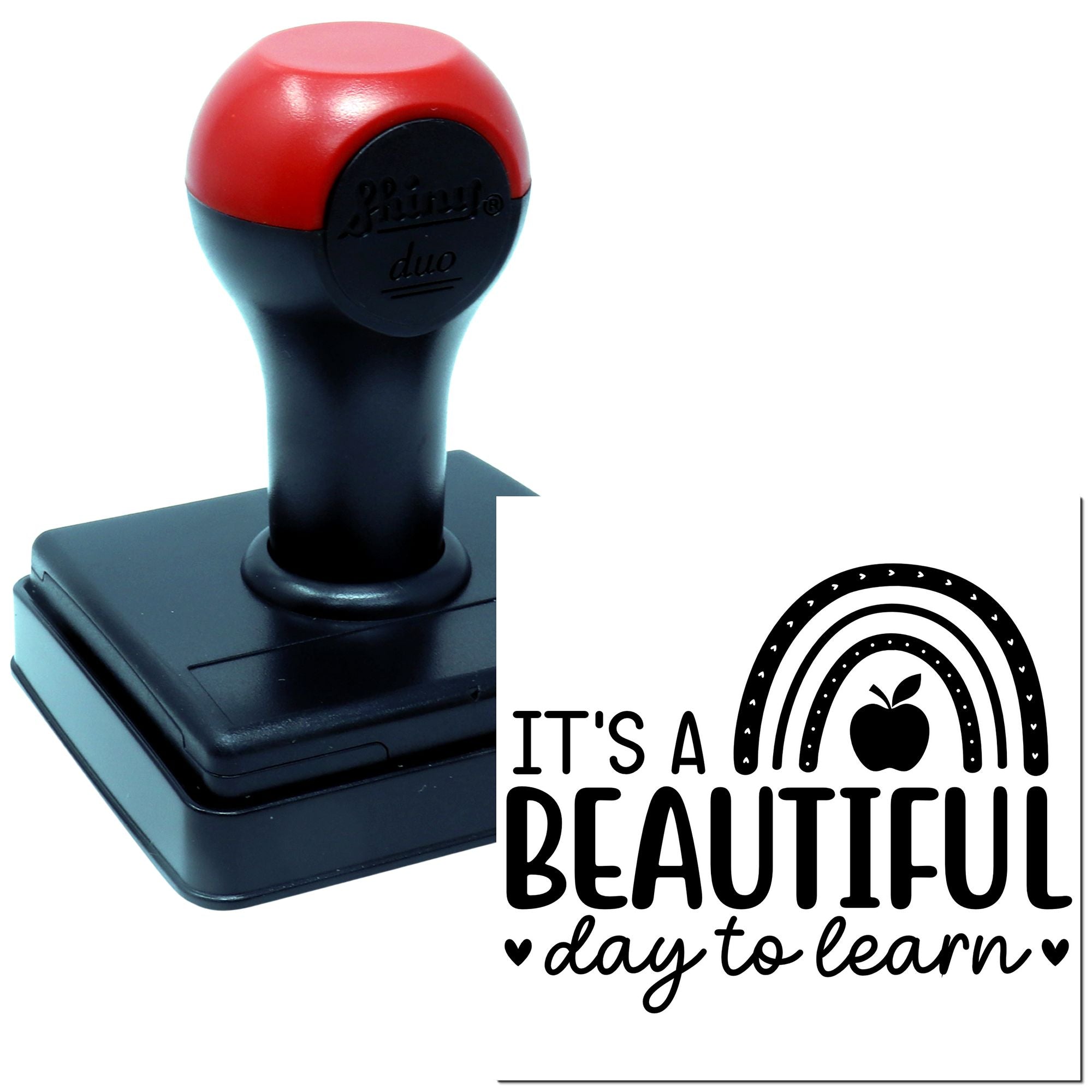 Custom self-inking rubber stamp with Its a beautiful day to learn rainbow apple design for classroom teachers.