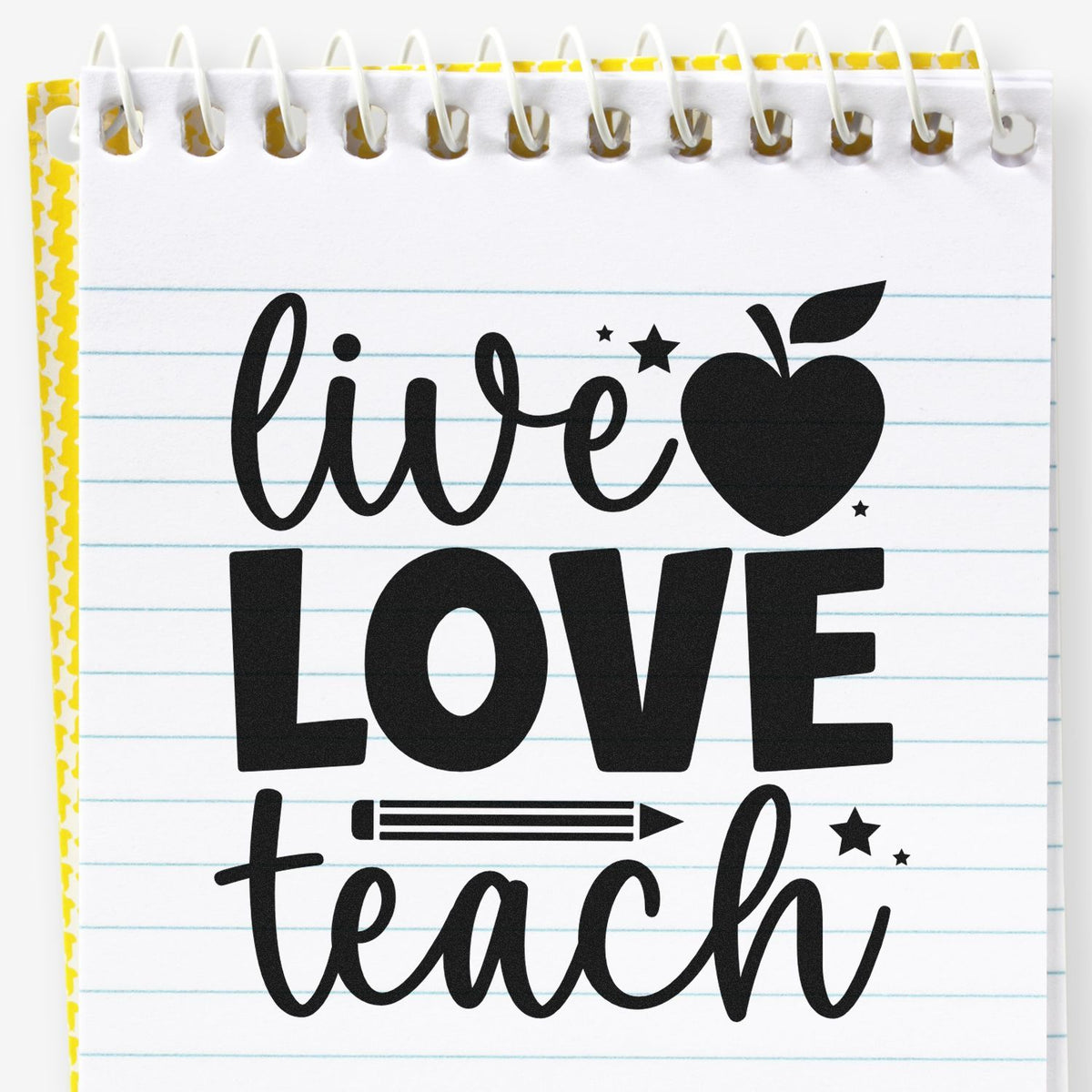 Live love teach rubber stamp design with apple and pencil on lined notebook paper for teachers and classroom use.