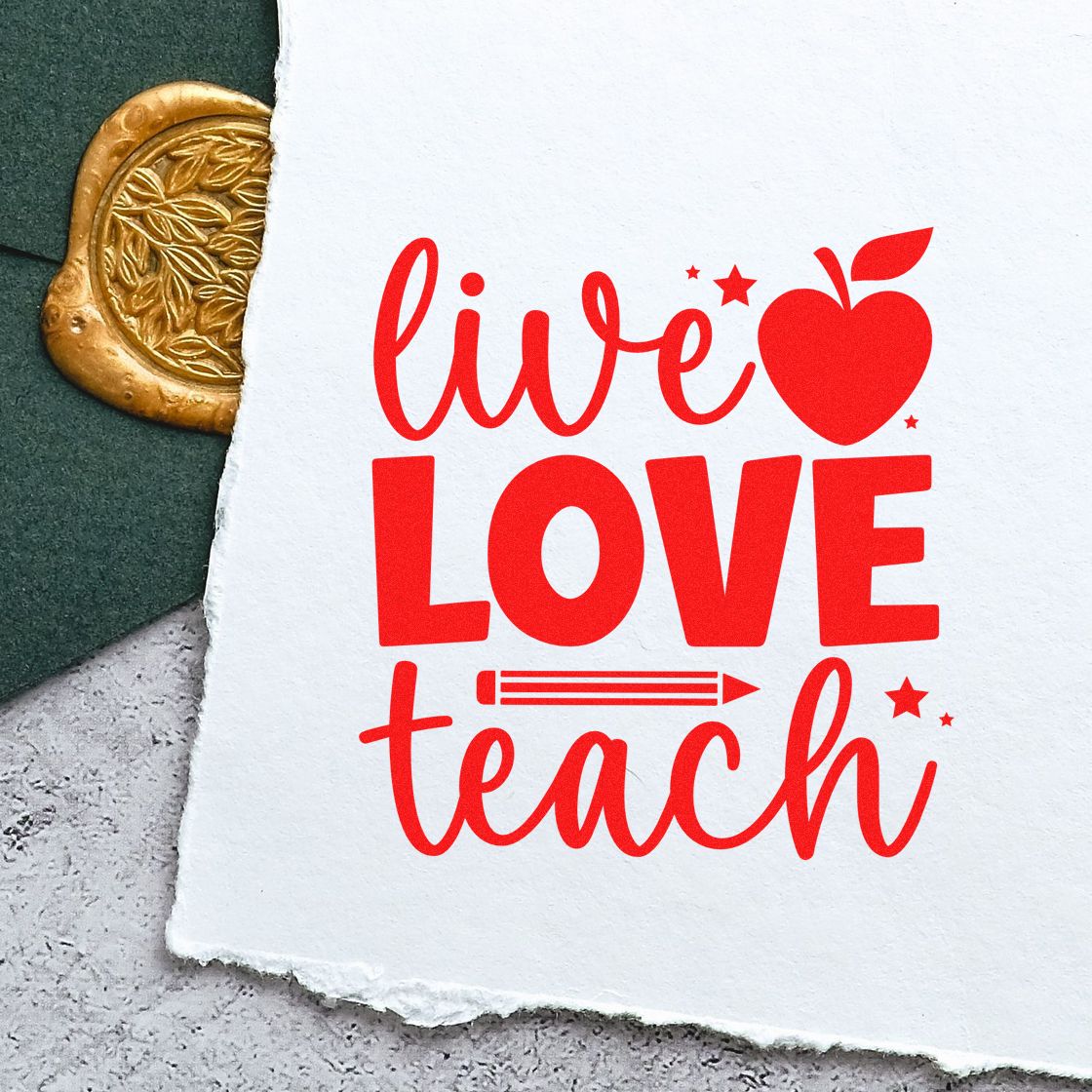 Live Love Teach rubber stamp with apple heart, ideal for teacher crafts, classroom decor, and inspirational stamping.