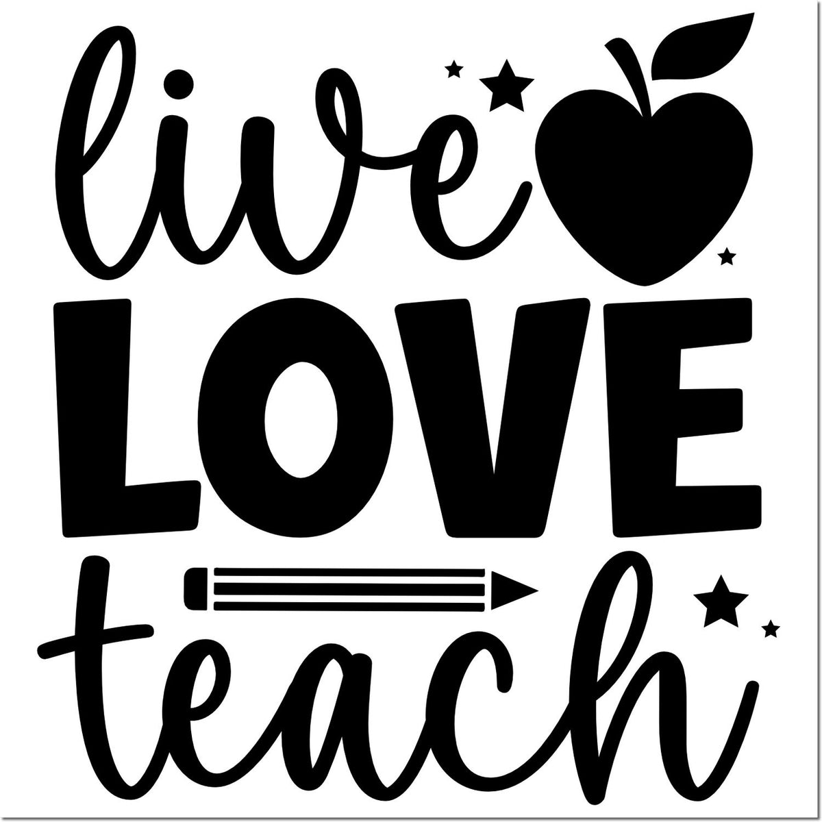 Live Love Teach apple and pencil design for teacher rubber stamps, classroom crafts, and educator gifts.