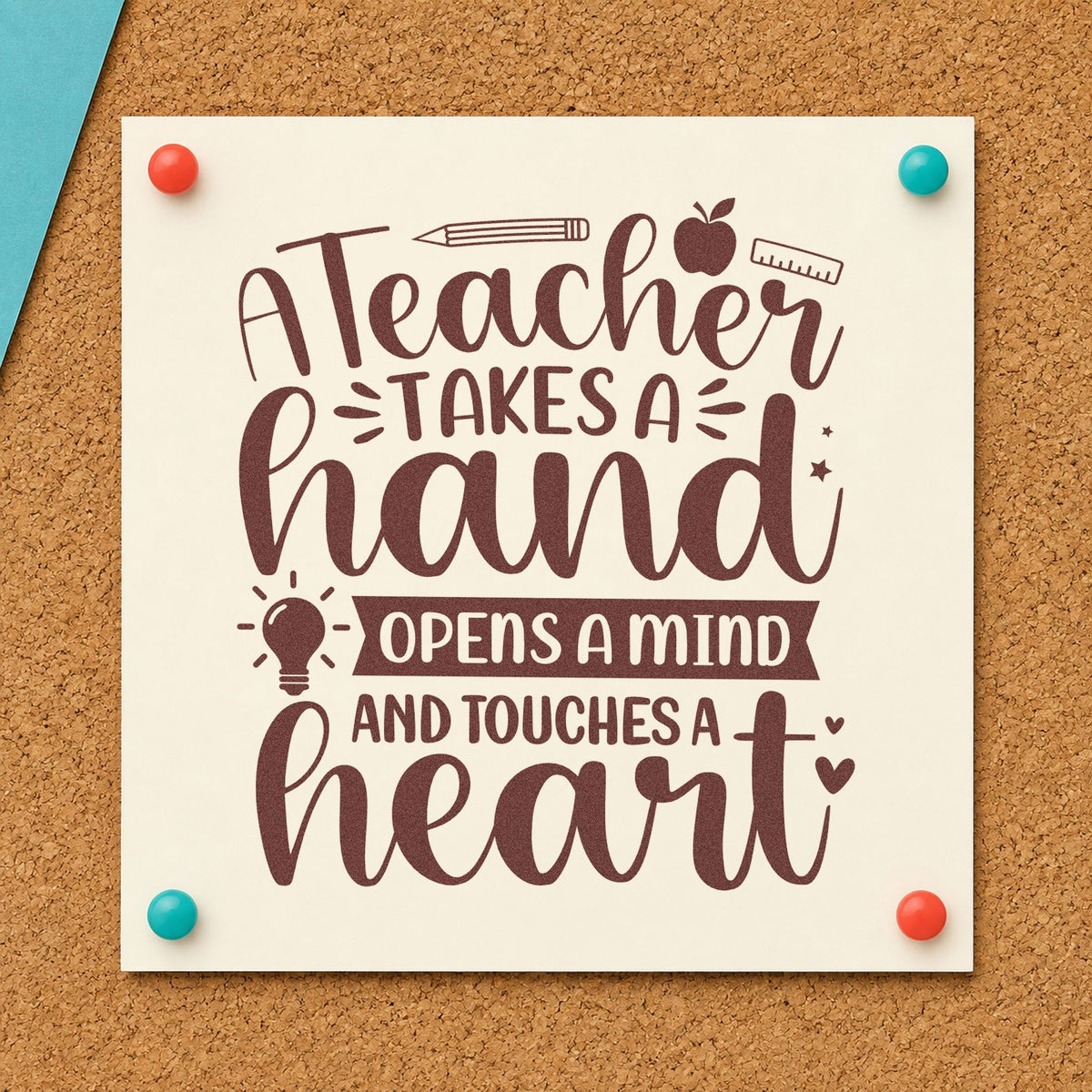 Teacher Touches a Heart rubber stamp printed in brown ink, ready for tool caddy labels and similar paper crafts.