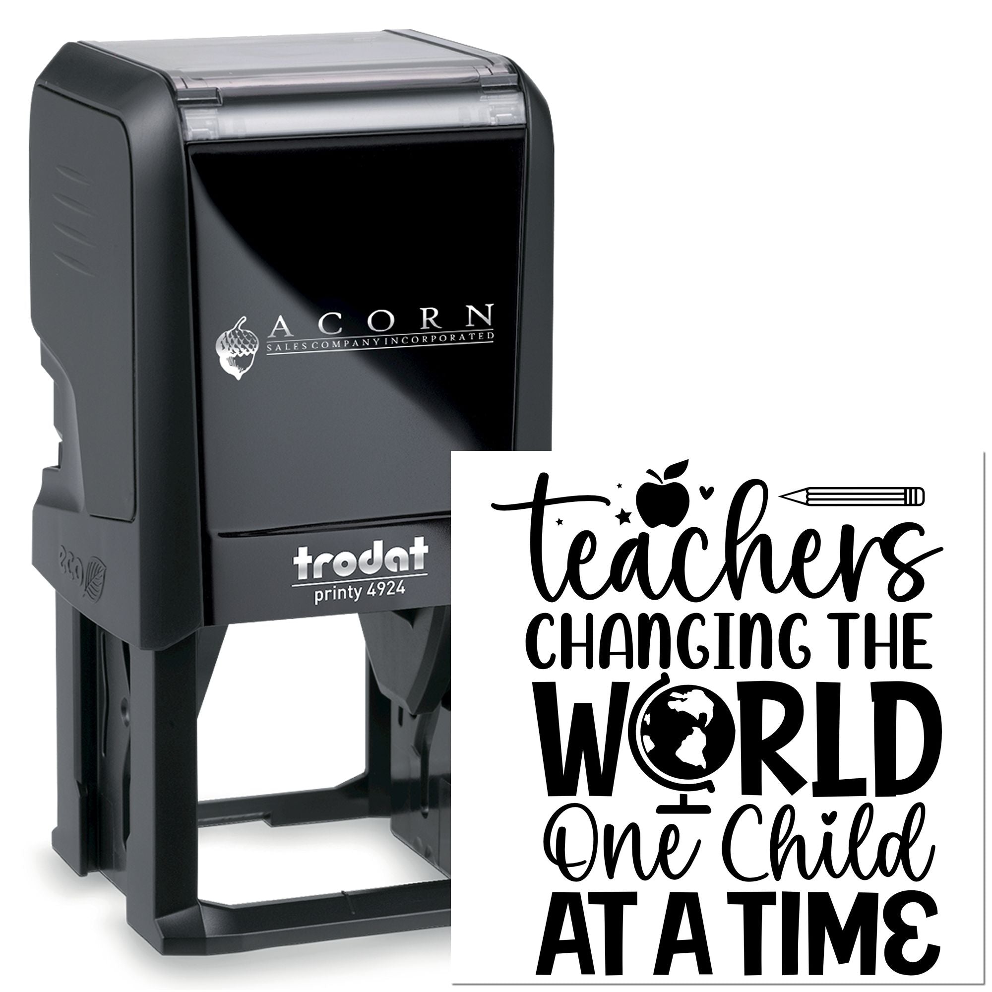 Self-inking teacher rubber stamp with Teachers Changing the World One Child at a Time school design.