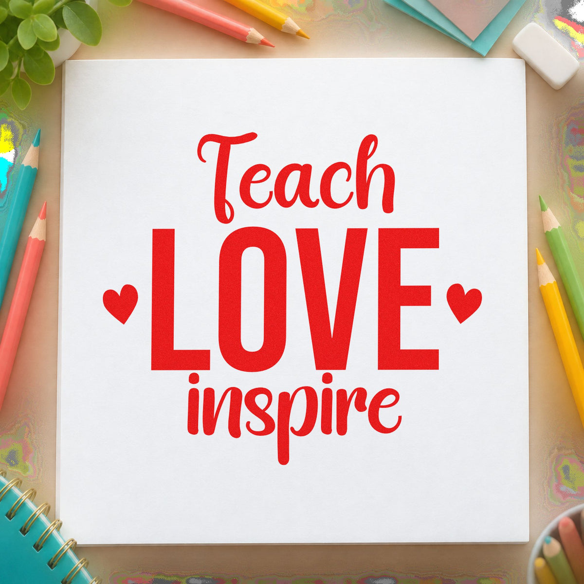Teach Love Inspire rubber stamp shown in red ink, stamped for projects such as peer nomination notes.