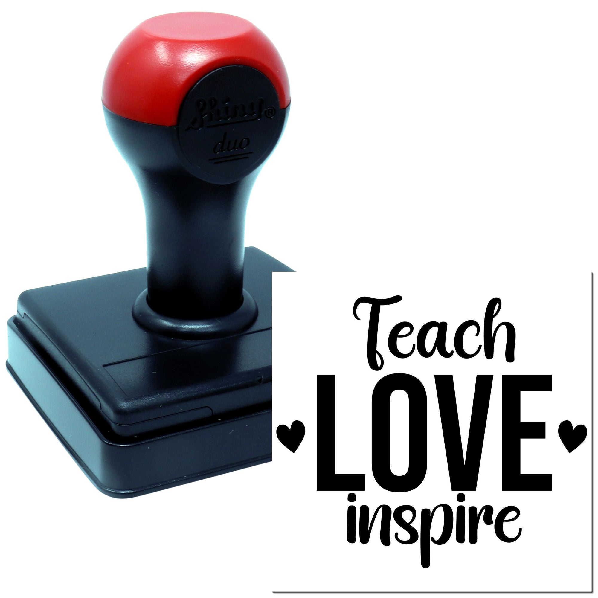 Custom self-inking teacher rubber stamp with Teach Love Inspire design for classroom grading and crafts.