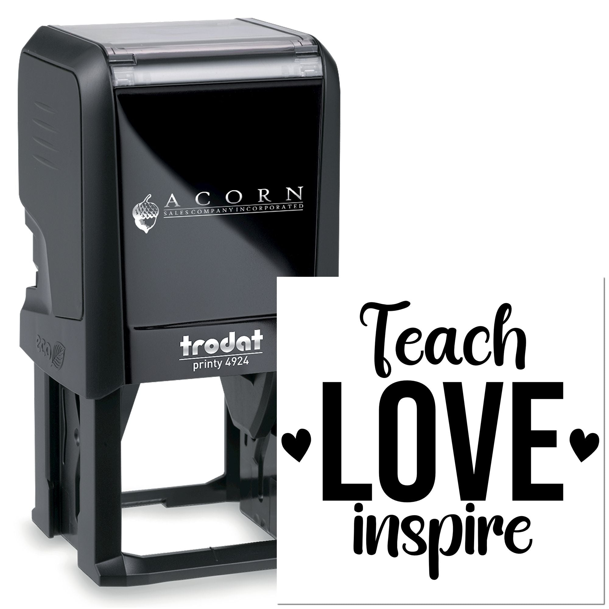 Trodat self-inking rubber stamp with Teach Love Inspire design for teachers, classroom use, and custom stamping.