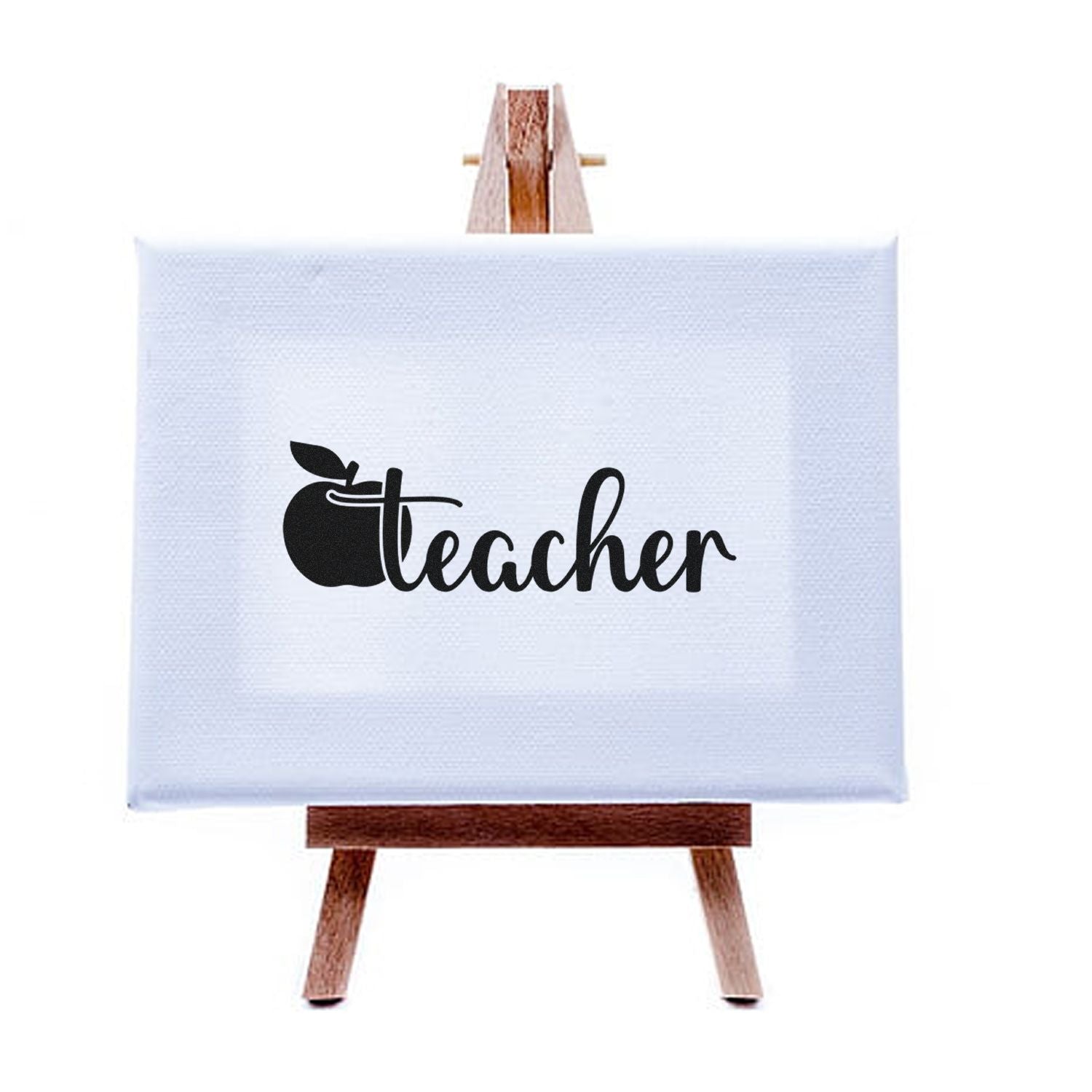 Teacher apple rubber stamp design displayed on a canvas easel, ideal for classroom gifts and personalized stationery.