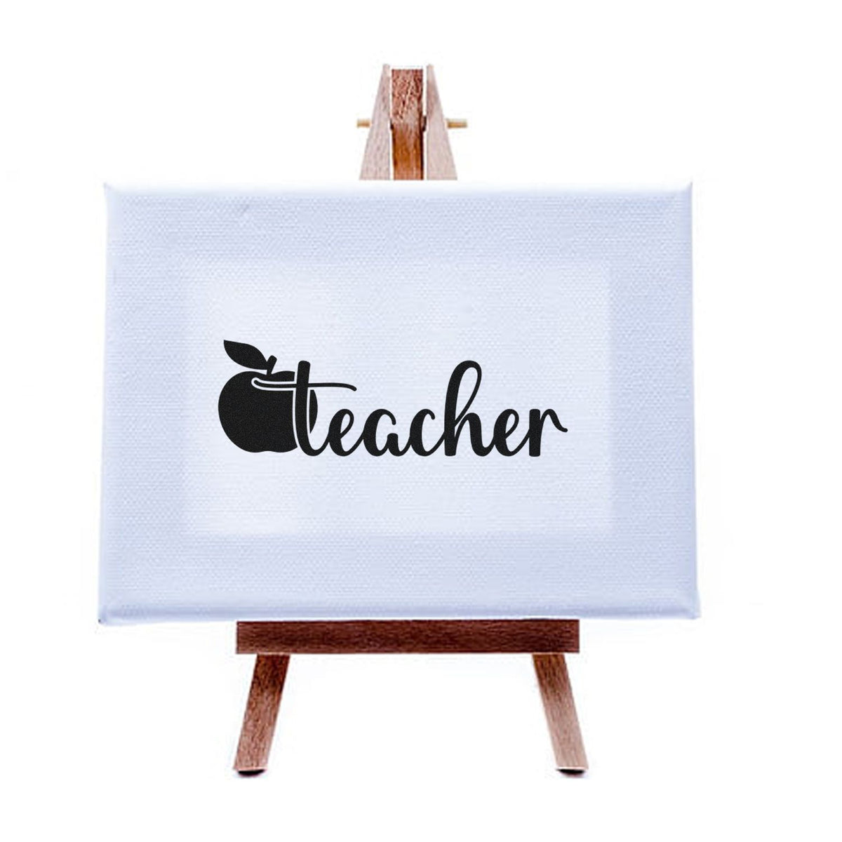 Teacher Apple Flourish Pre-Inked Stamp – PSI imprint stamped in black ink. A solid apple sits beside flowing "Teacher" lettering.