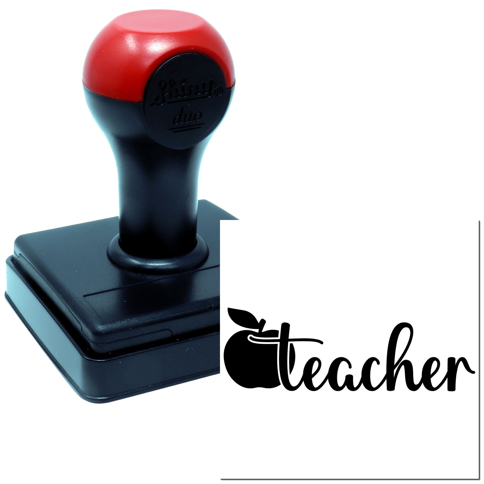 Self-inking teacher rubber stamp with apple logo, ideal for classroom grading, rewards, and teacher feedback.