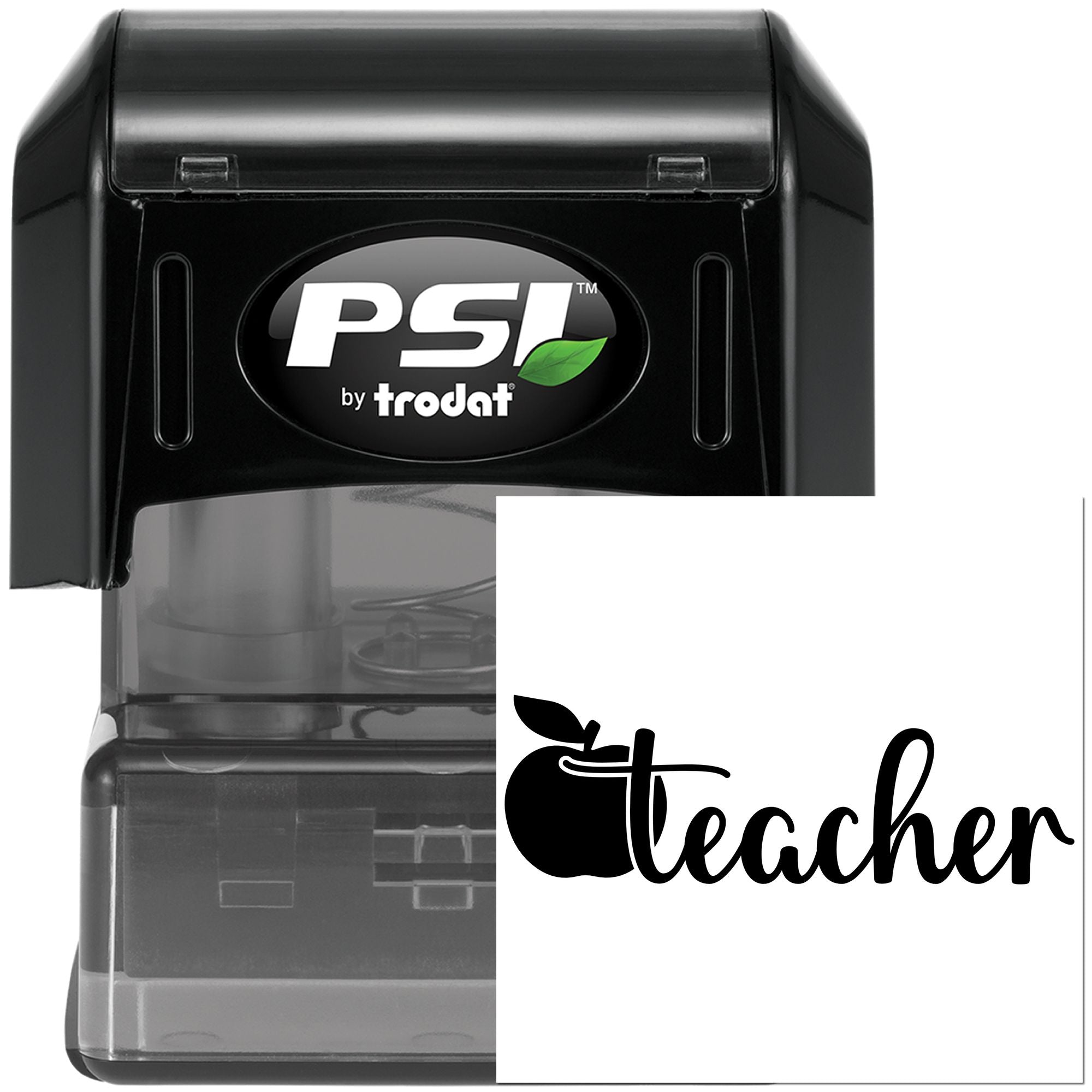 Teacher self-inking rubber stamp by PSI Trodat with apple icon and script teacher design for classroom use