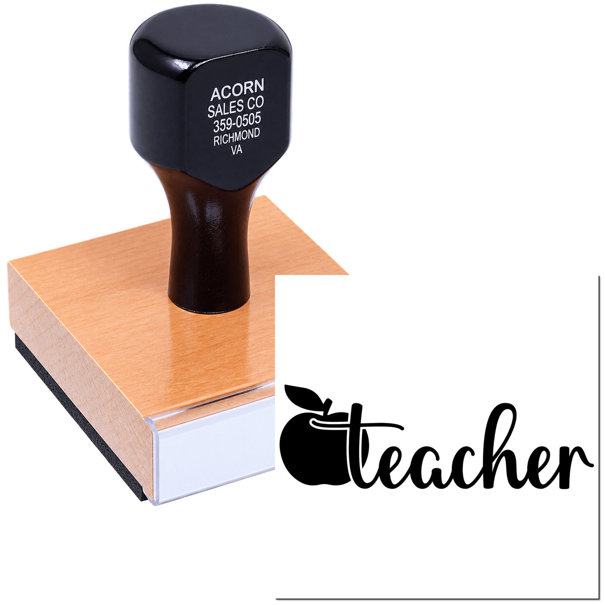 Custom teacher rubber stamp with apple logo on wood block, ideal for classroom grading, rewards, and lesson notes.