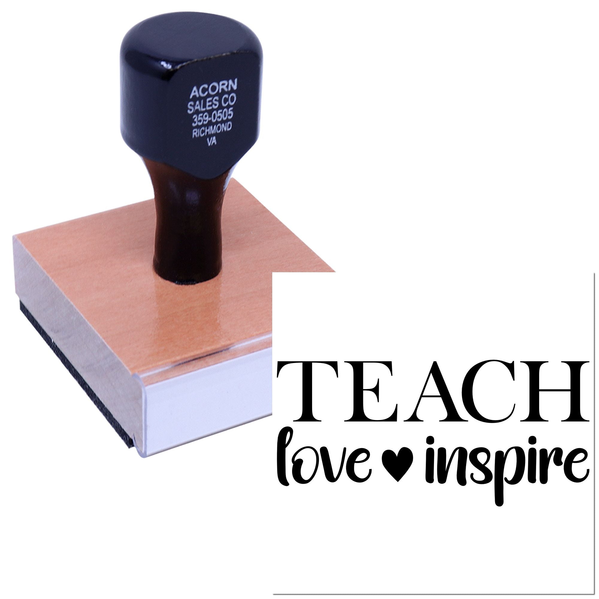 Teacher rubber stamp with Teach, Love, Inspire design for classroom crafts, grading, and educational projects.