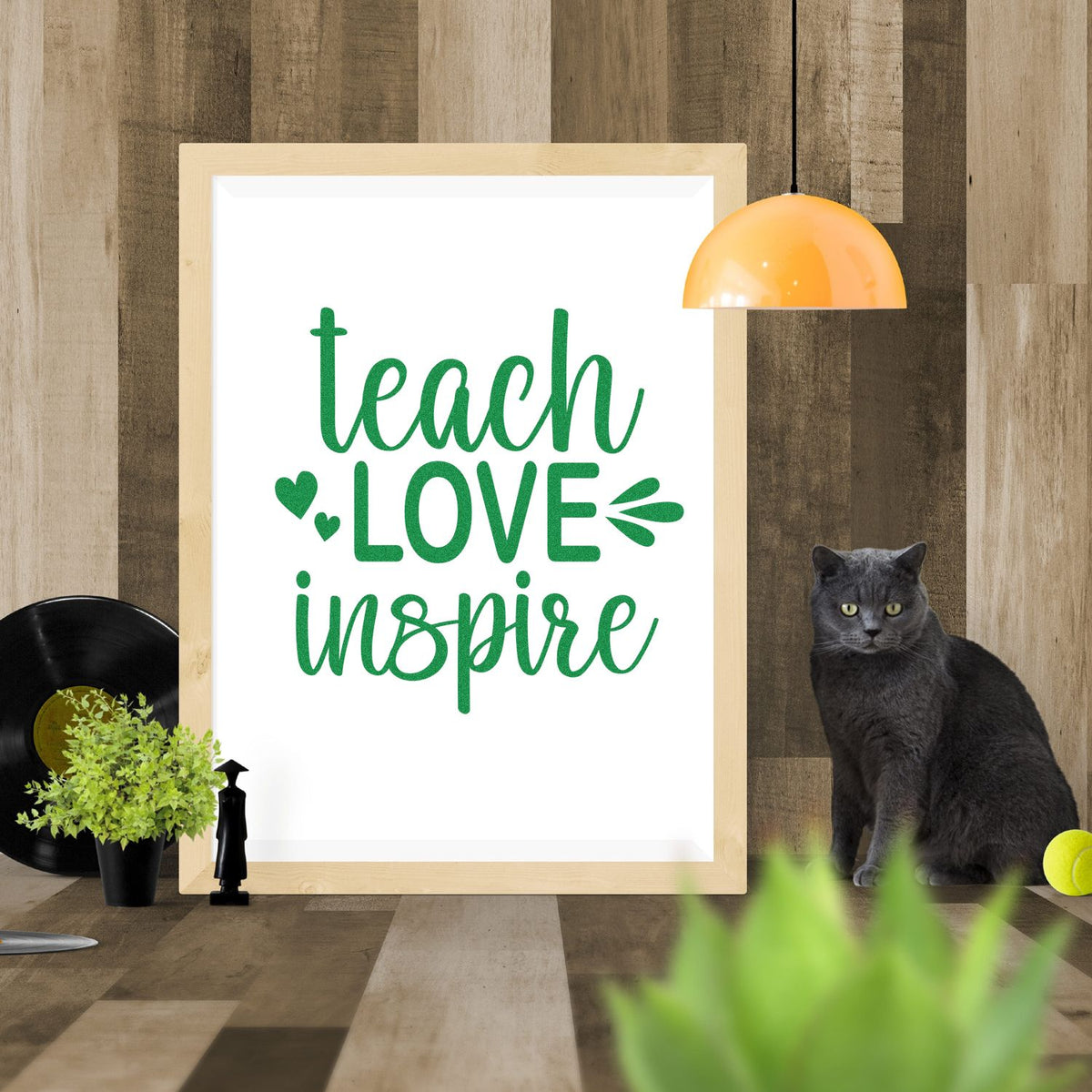 Teach love inspire rubber stamp design with inspirational quote in green script for classroom, teacher gifts and crafts