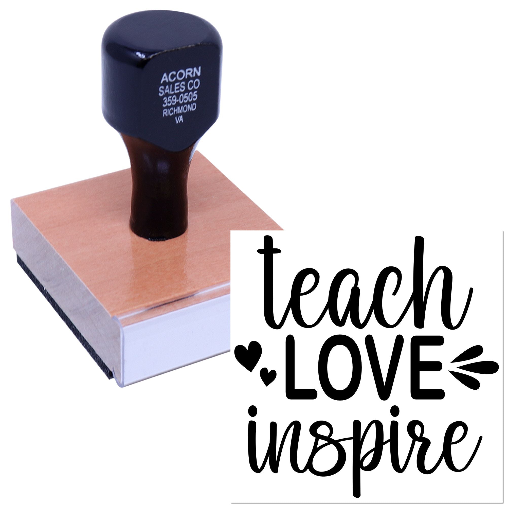 Teacher rubber stamp with teach love inspire custom design for classroom crafts, cards, and handmade gifts.