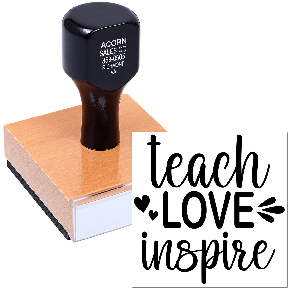 Teacher rubber stamp with teach love inspire custom design for classroom crafts, cards, and handmade gifts.