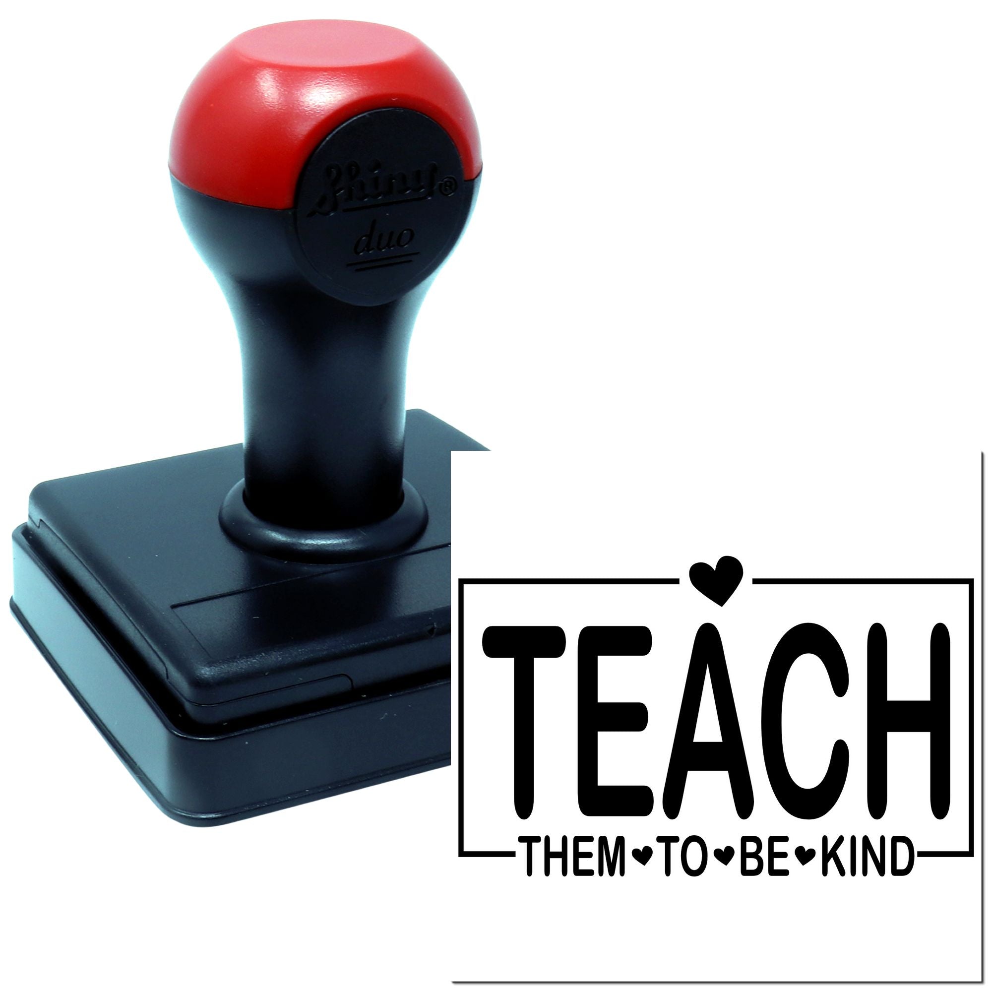 Self-inking rubber stamp with Teach Them to Be Kind heart design, ideal for teachers and classroom motivation.