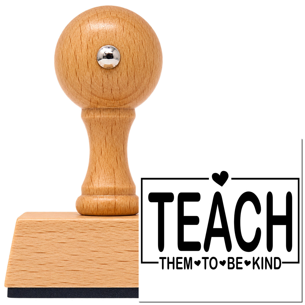 Teach Them To Be Kind Vintage Pro rubber stamp in European beech wood with a round knob handle, shown beside its black imprint.