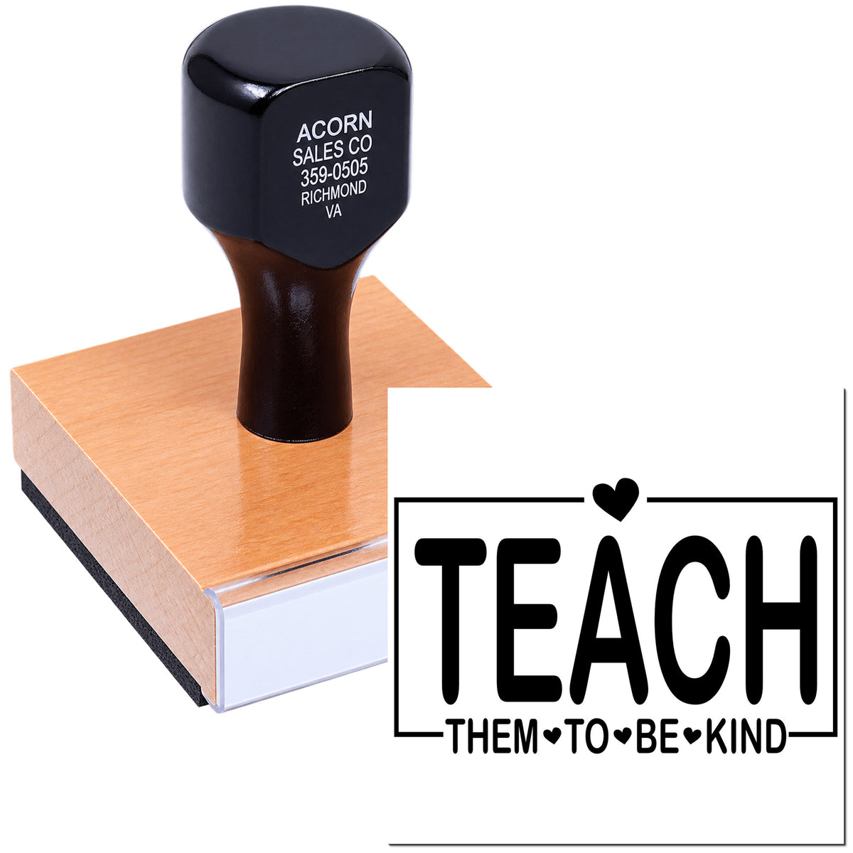 Custom rubber stamp with teacher message, Teach Them to Be Kind, for classroom crafts, cards, and school supplies.