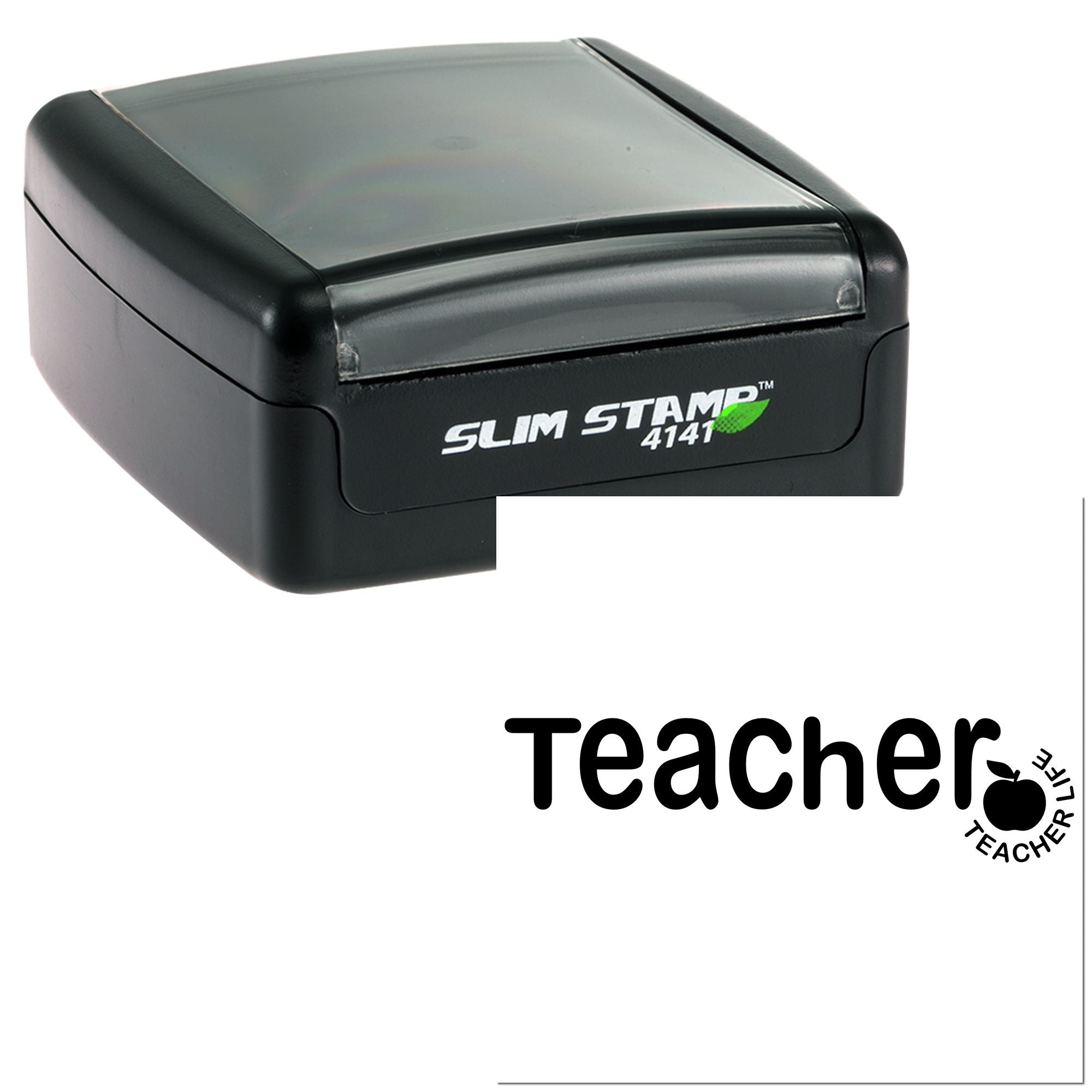 Teacher self-inking rubber stamp, Slim Stamp 4141, with apple design for classroom grading and teacher organization.