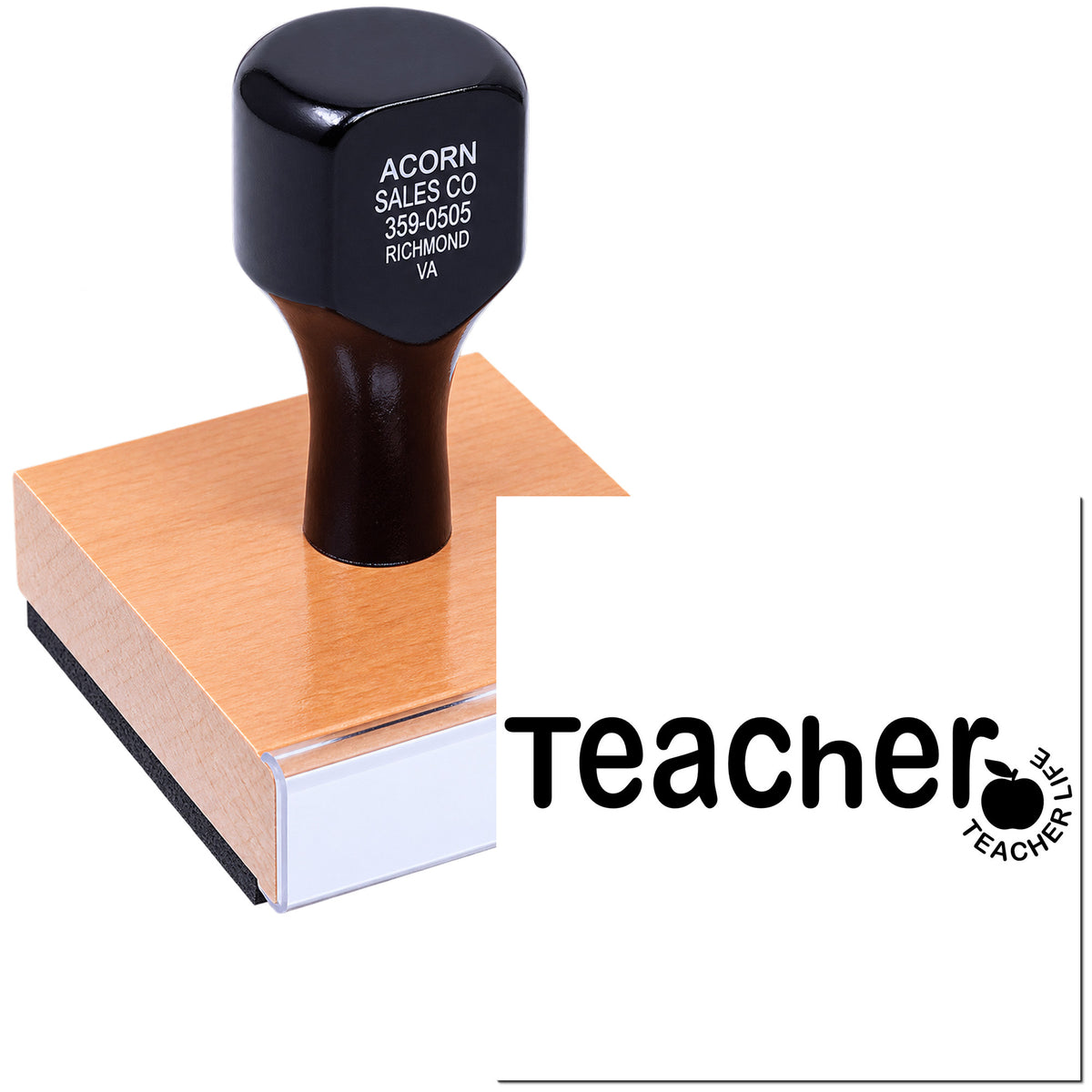 Teacher rubber stamp with Teacher Life apple logo, ideal for grading papers, classroom rewards, and school use.