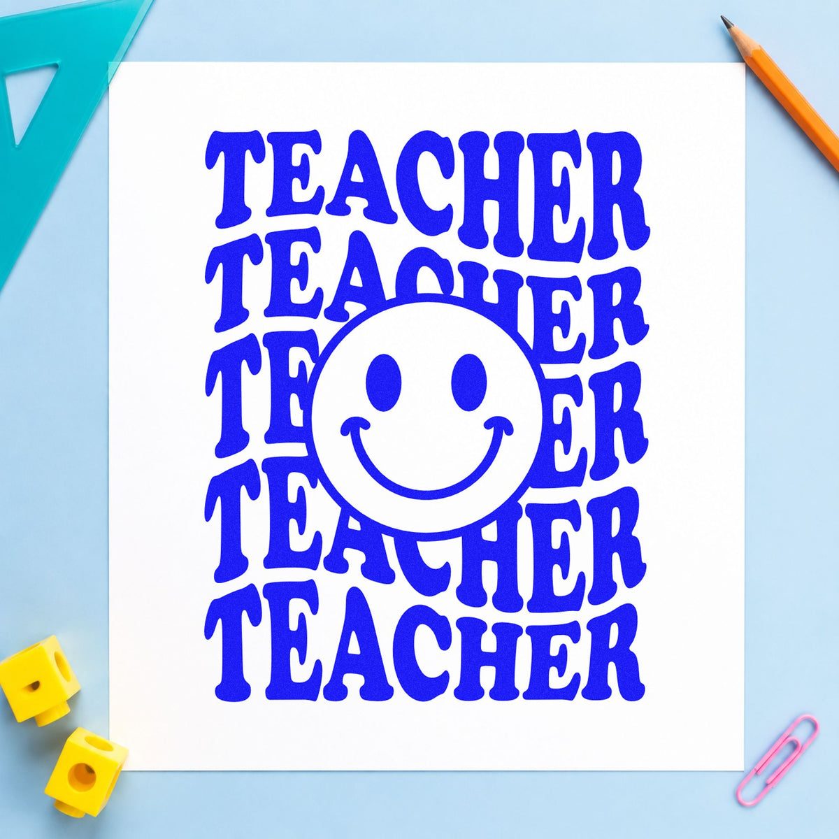Teacher Smiley Stack Serif Lettering Rubber Stamp – Duo Hand in use 5