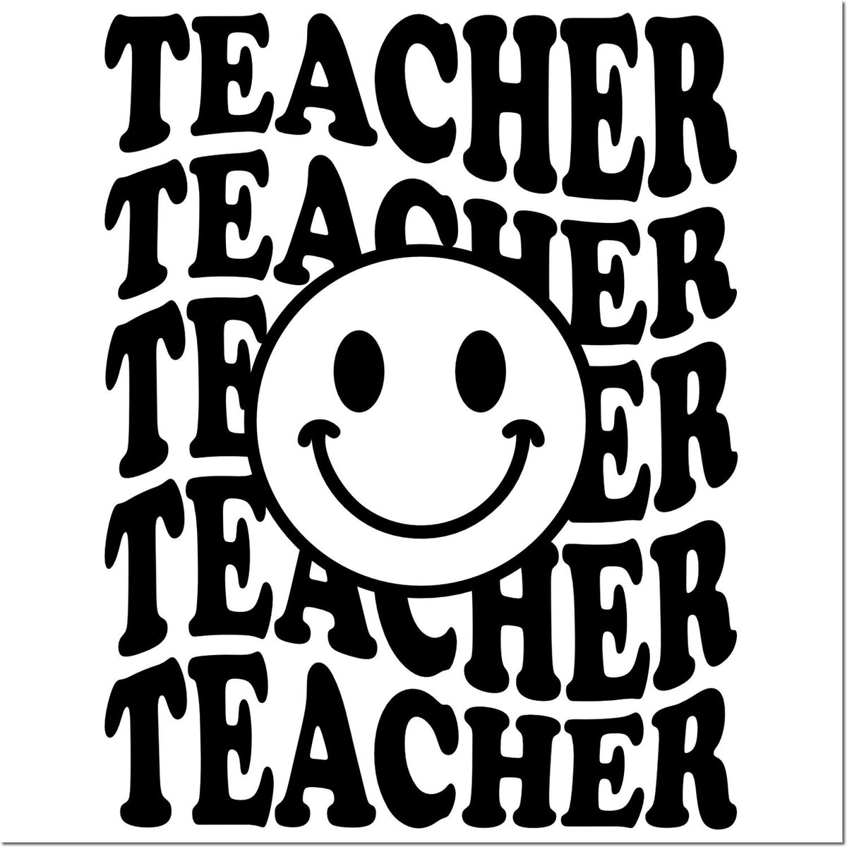 Teacher rubber stamp design with bold repeating TEACHER text and smiley face icon, ideal for classroom and educator crafts.