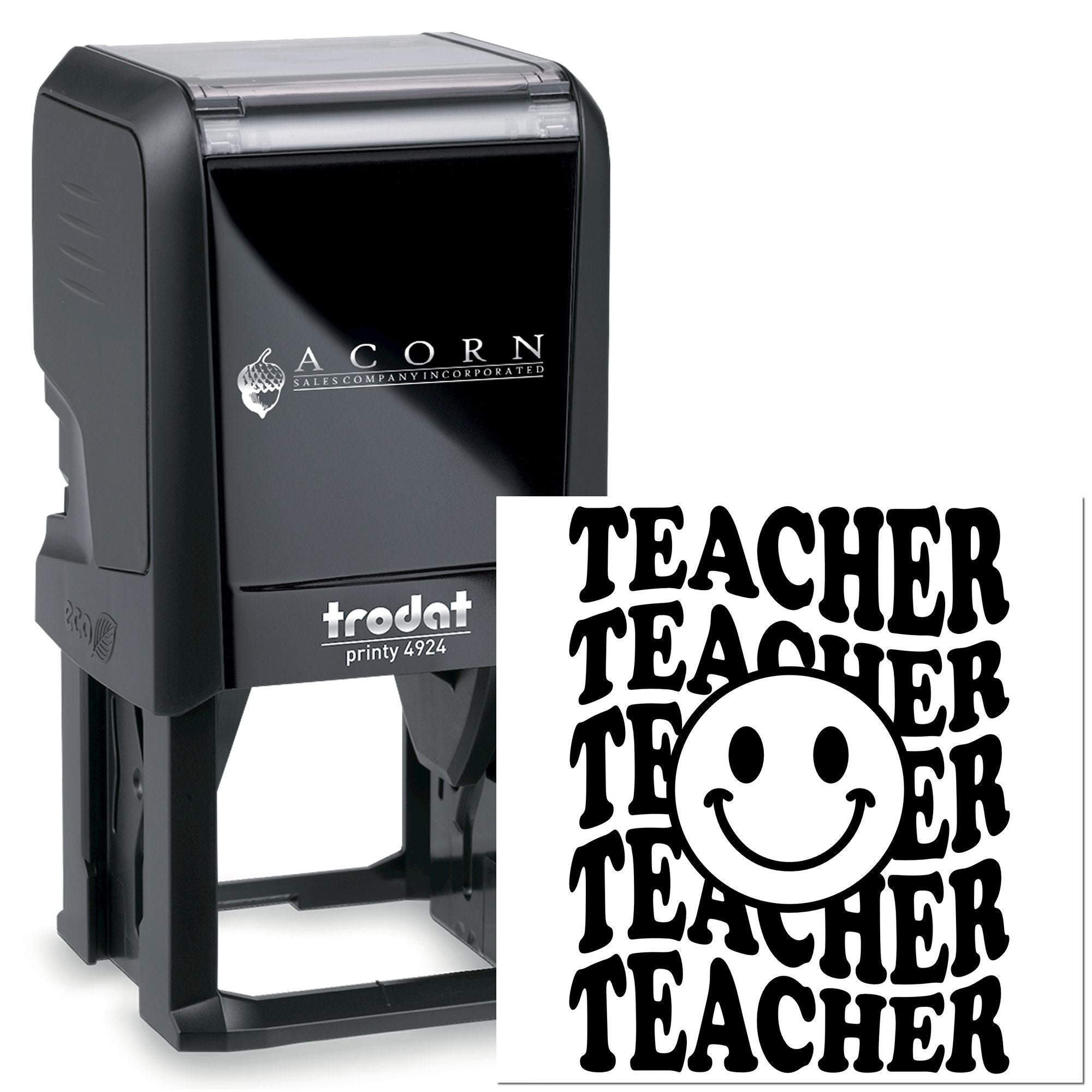Trodat Printy 4924 self-inking rubber stamp with custom teacher design and smiley face for classroom grading.