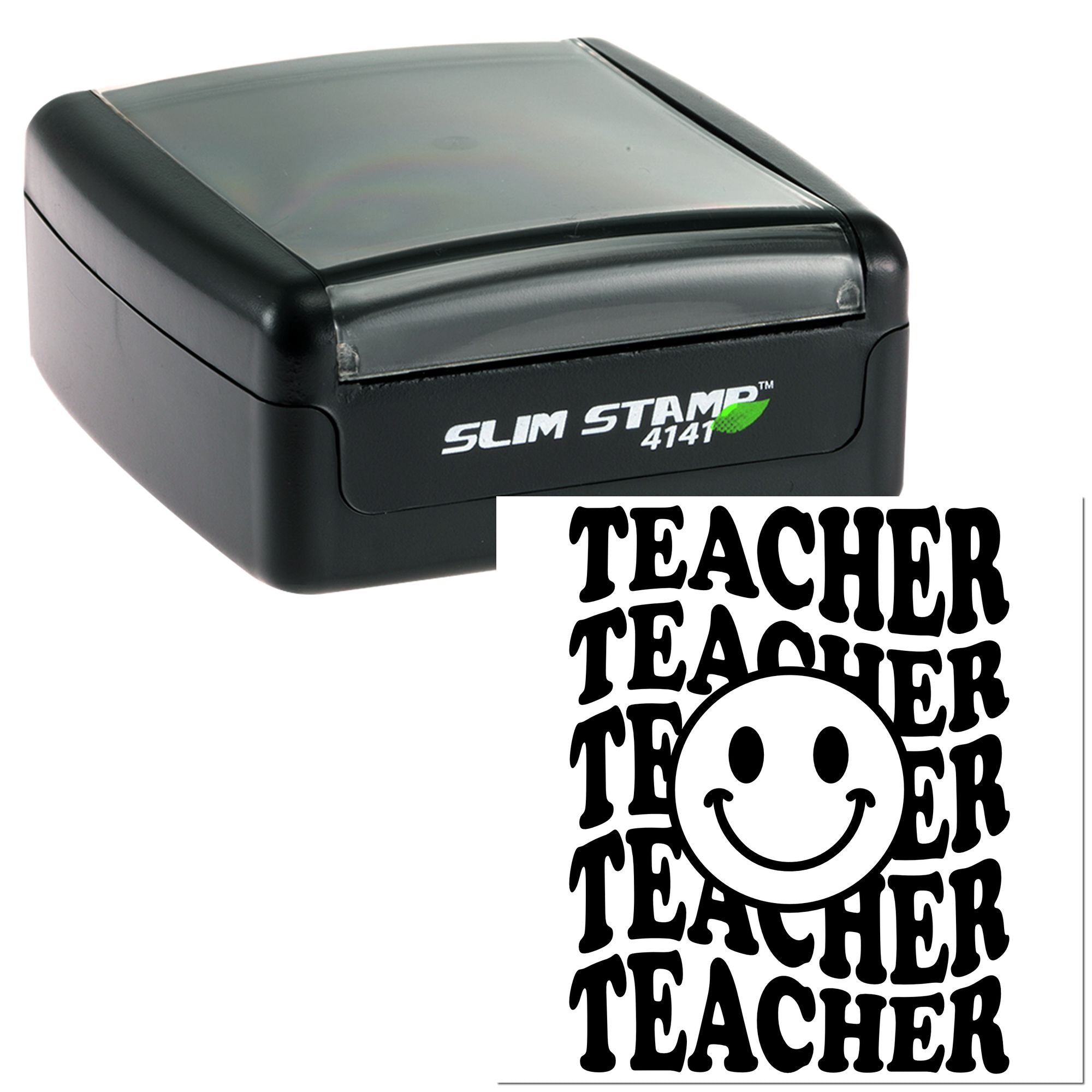 Teacher self-inking rubber stamp with smiley face, Slim Stamp 4141 for classroom grading and student feedback.