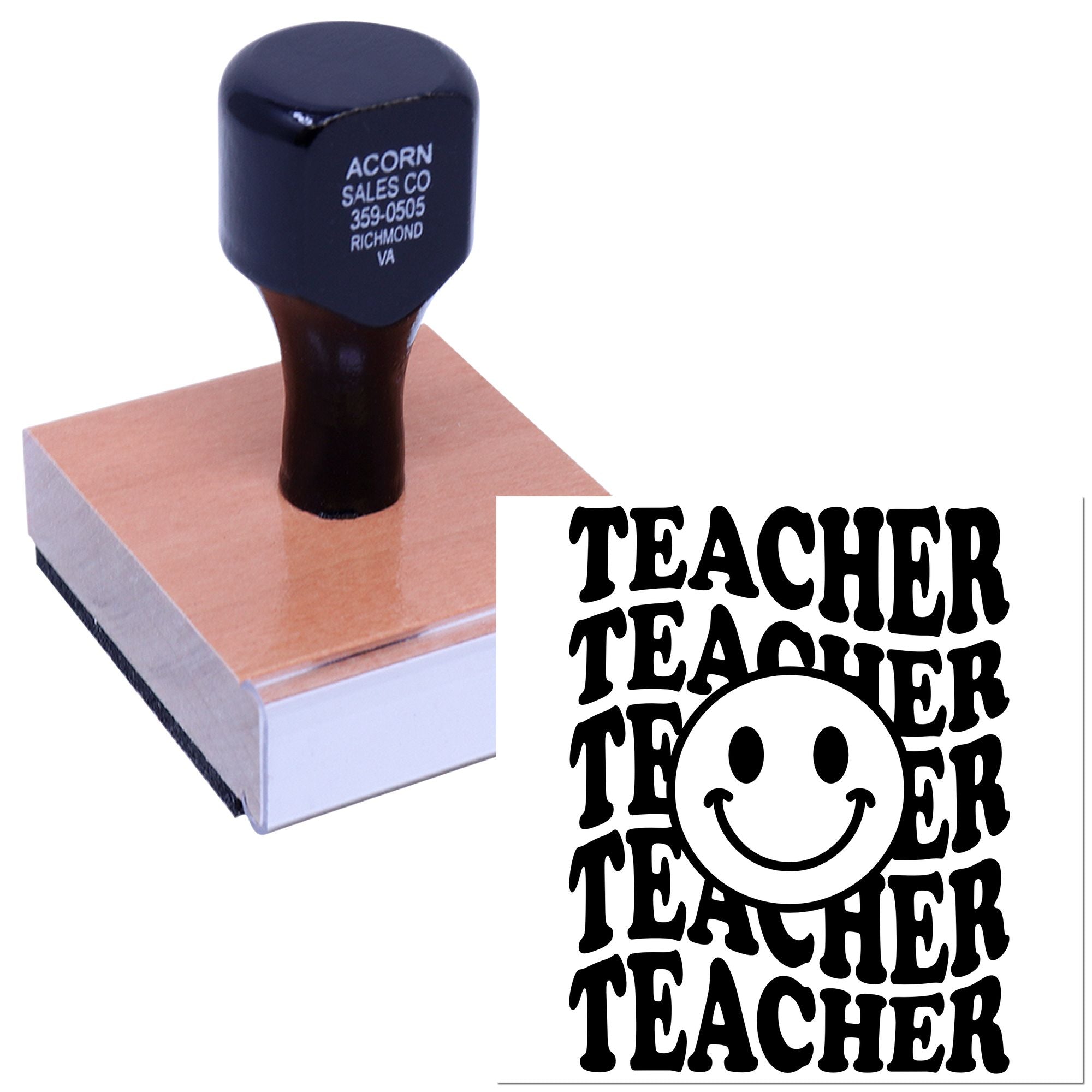 Teacher rubber stamp with smiley face design for grading, classroom feedback, and school paperwork.