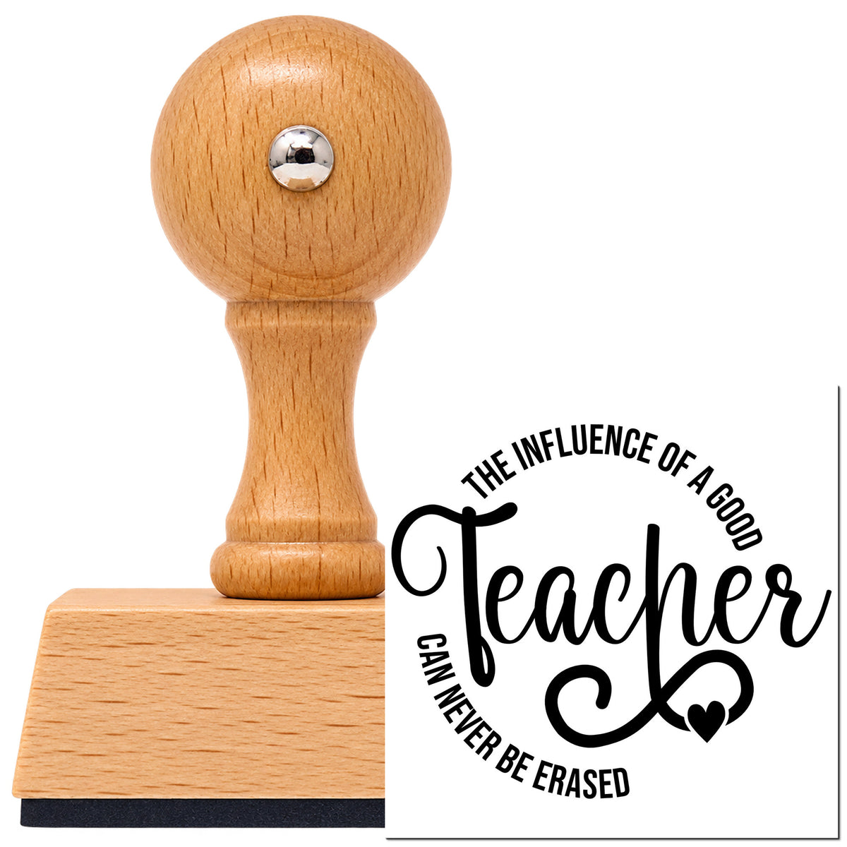 Good Teacher Influence Circle Vintage Pro rubber stamp in European beech wood with a round knob handle, shown beside its black imprint.
