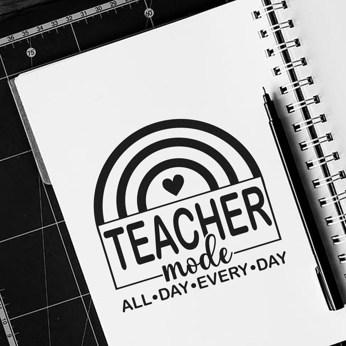 Teacher mode all day every day rubber stamp design for custom classroom supplies, planners, and teacher appreciation gifts.