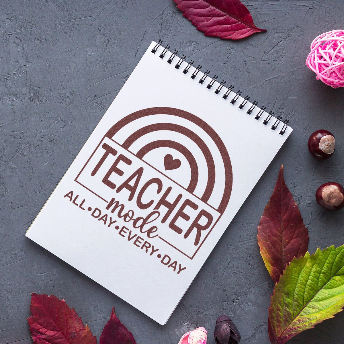 Teacher mood all day every day rubber stamp design on spiral notebook, ideal for classroom crafting and teacher gifts.