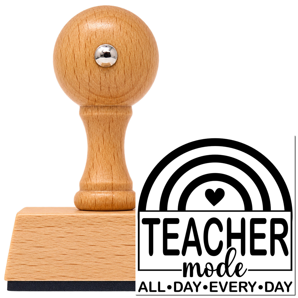 Teacher Mode Rainbow Vintage Pro rubber stamp in European beech wood with a round knob handle, shown beside its black imprint.