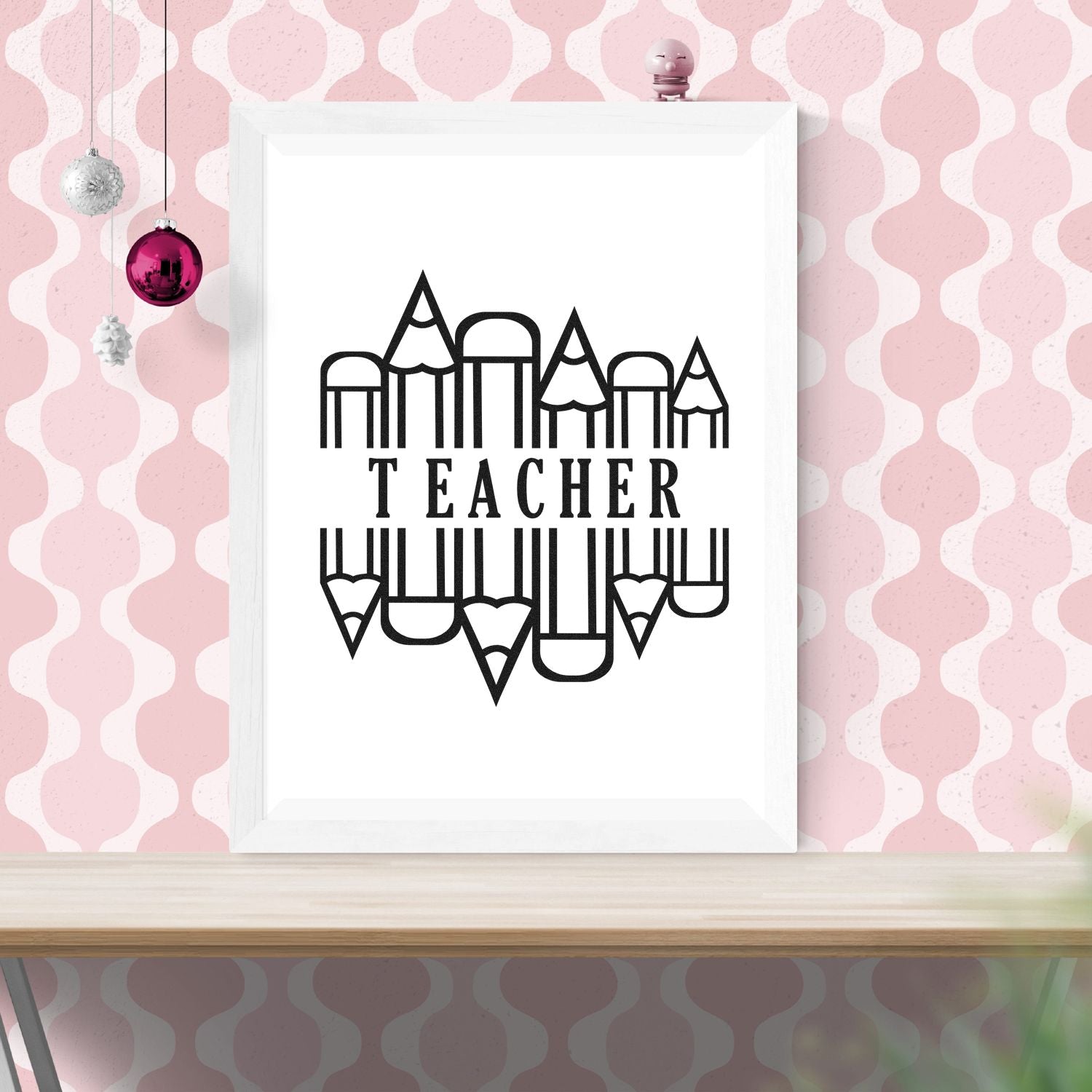 Teacher rubber stamp design with pencil lettering, perfect for classroom and back-to-school stamping.