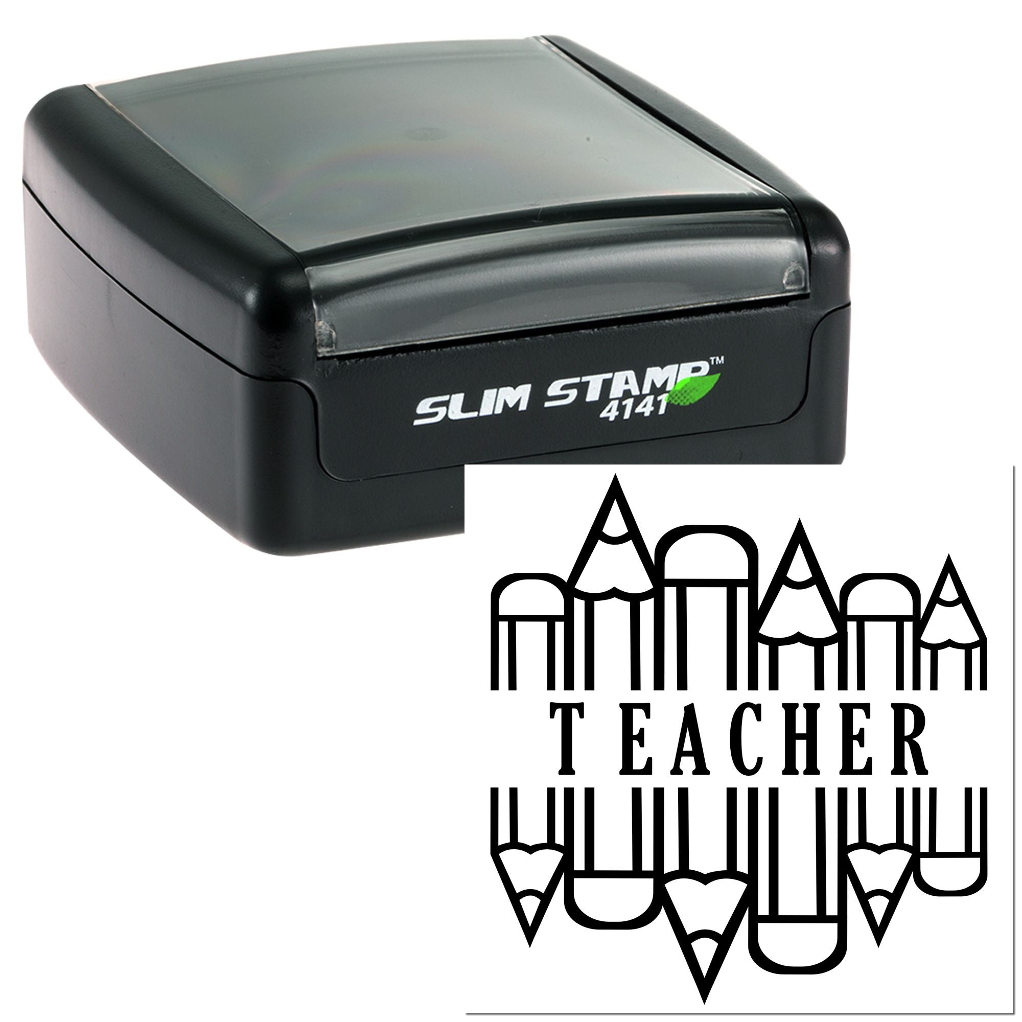 Slim Stamp 4141 self-inking teacher rubber stamp with pencil design for classroom grading.