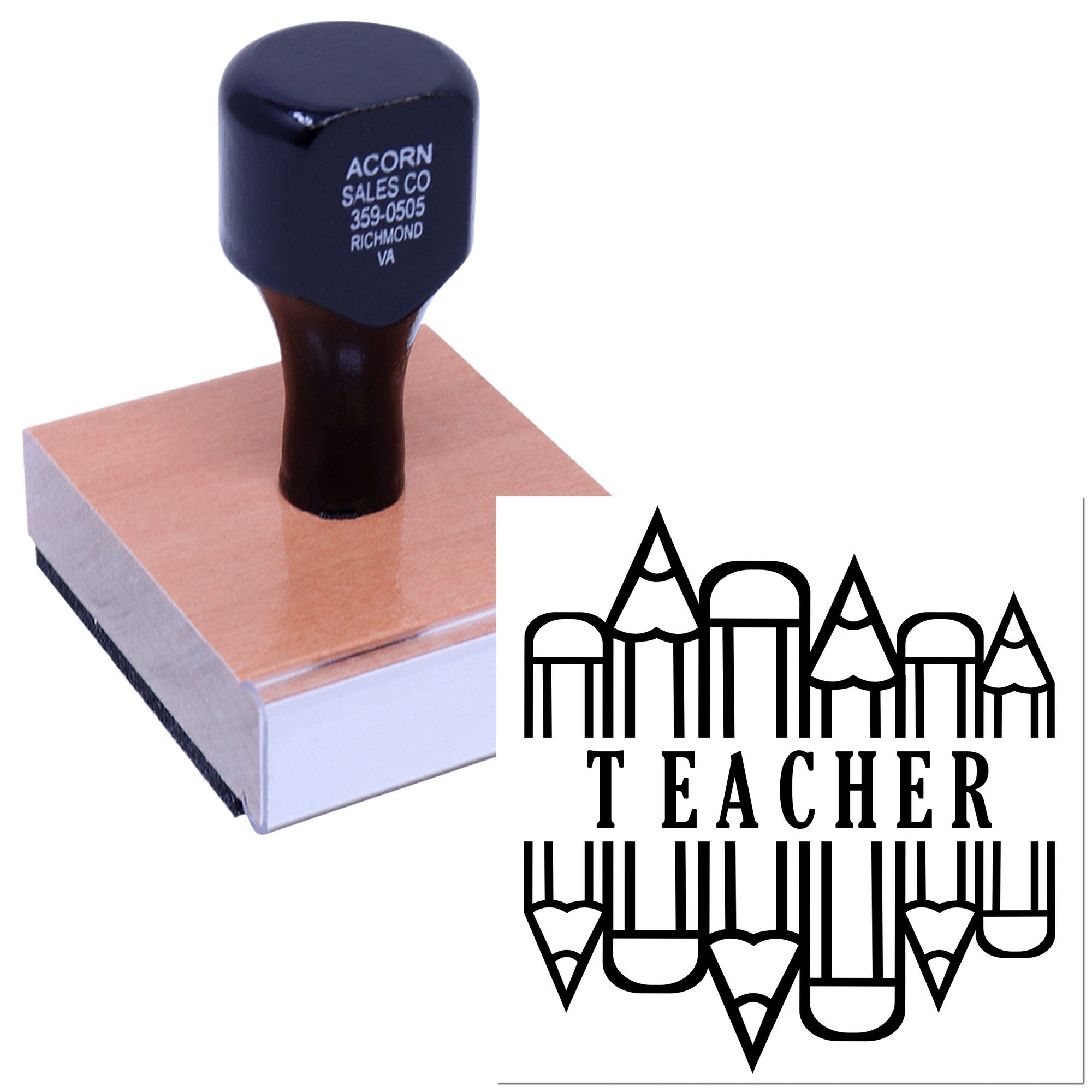 Custom teacher rubber stamp with pencil design, ideal for classroom grading and school use.