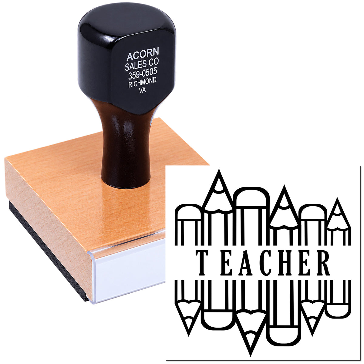 Custom teacher rubber stamp with pencil design, ideal for classroom grading and school use.