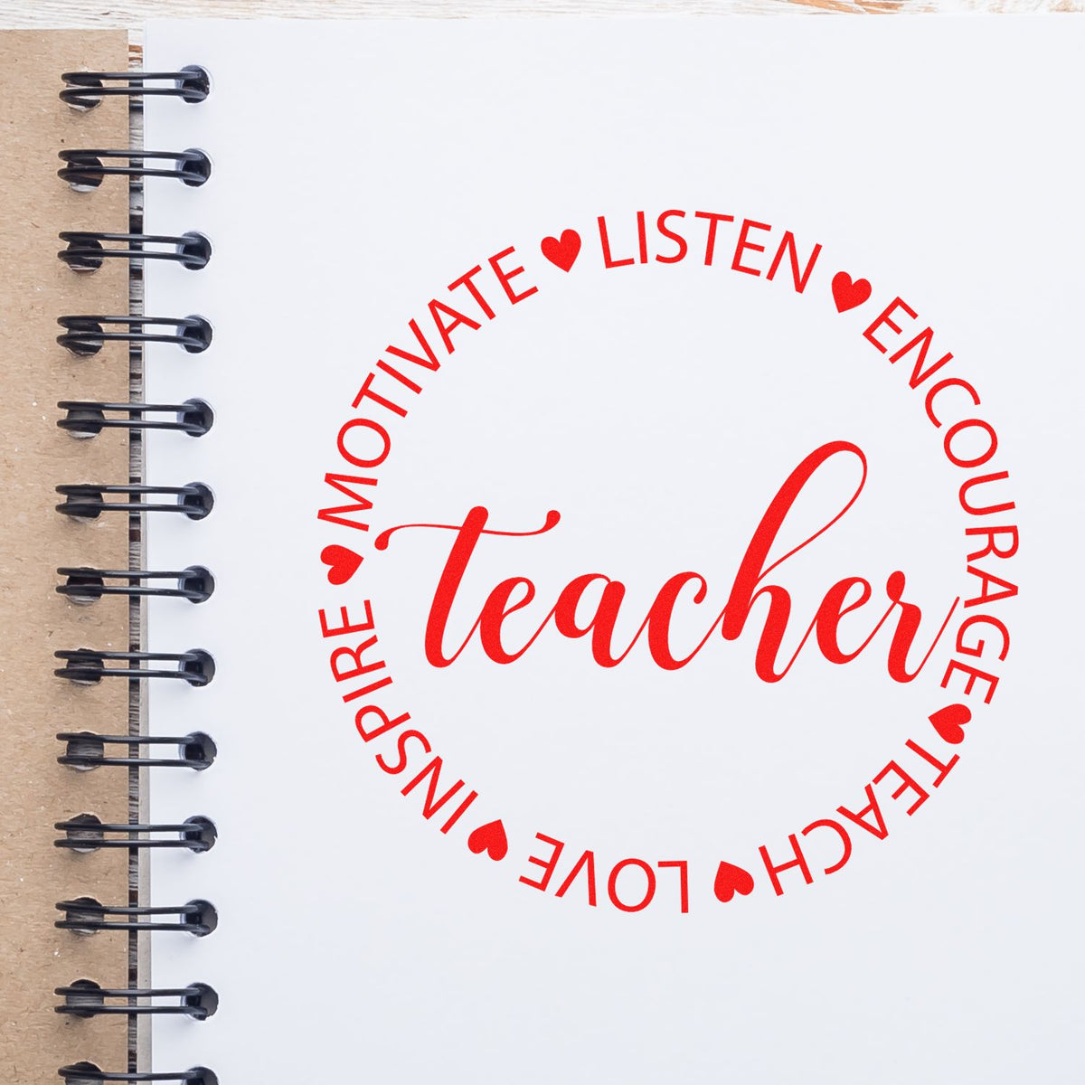 Teacher rubber stamp with motivational words: motivate, listen, encourage, teach, love, inspire for classroom use.