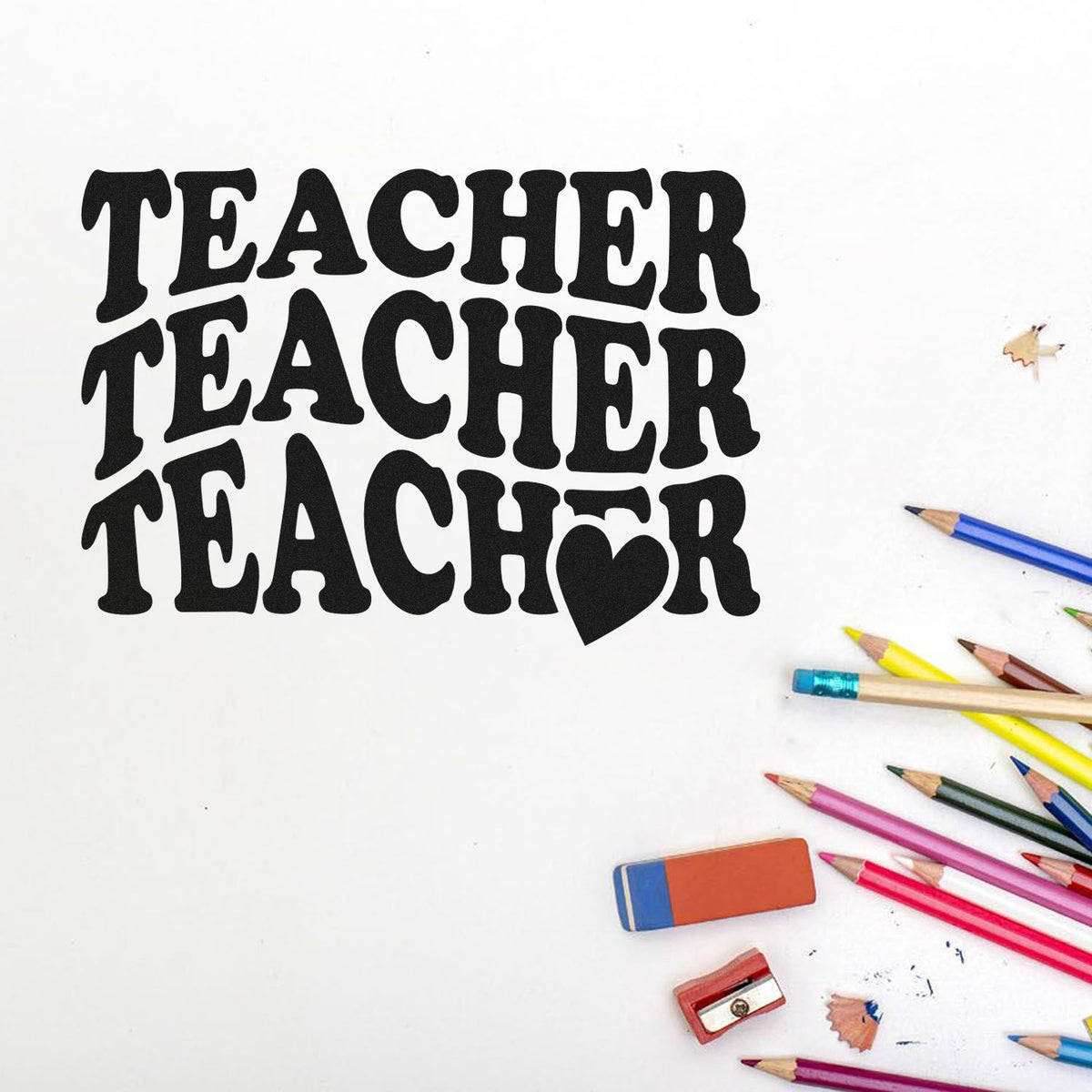Teacher rubber stamp design with bold repeated TEACHER text and heart accent, ideal for classroom crafts and educator projects.