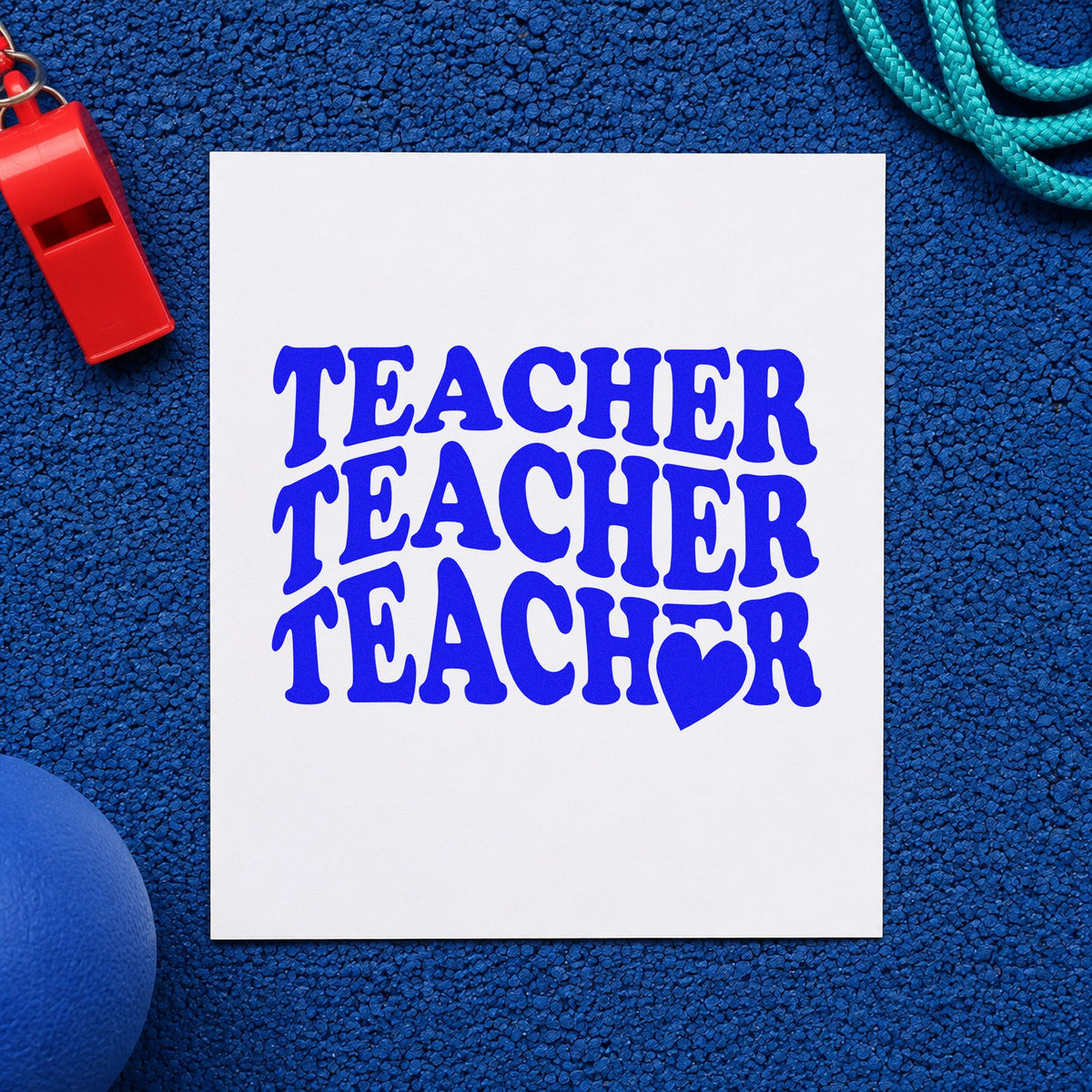 Teacher Triple Heart Stack craft stamp imprinted in blue ink on paper, a design suited to shared shelf labels.